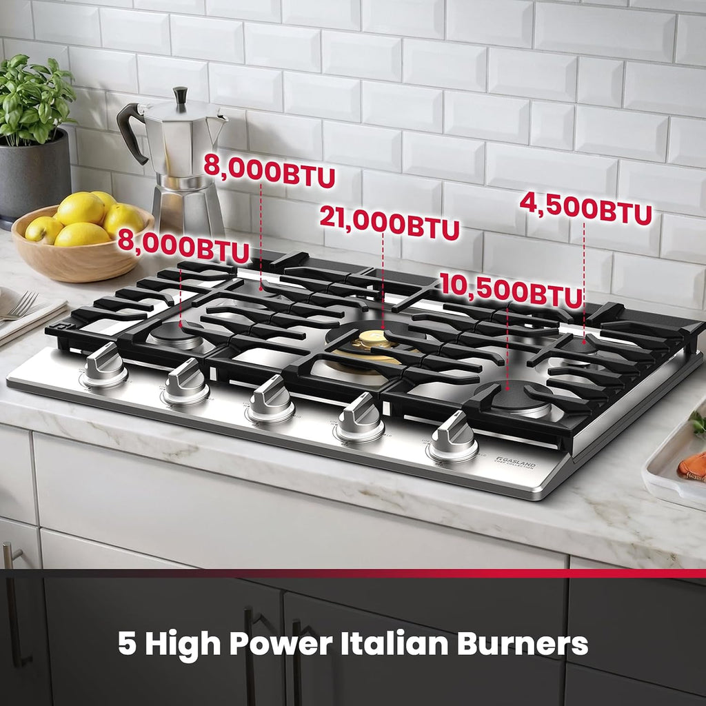 GASLAND Chef Collection Heavy Duty Gas Cooktop 30 Inch, 5 Burner NG/LPG Stovetop with Reversible Cast Iron Grill/Griddle, Gas Countertop Plug-in, NG/LPG Convertible, Stainless Steel