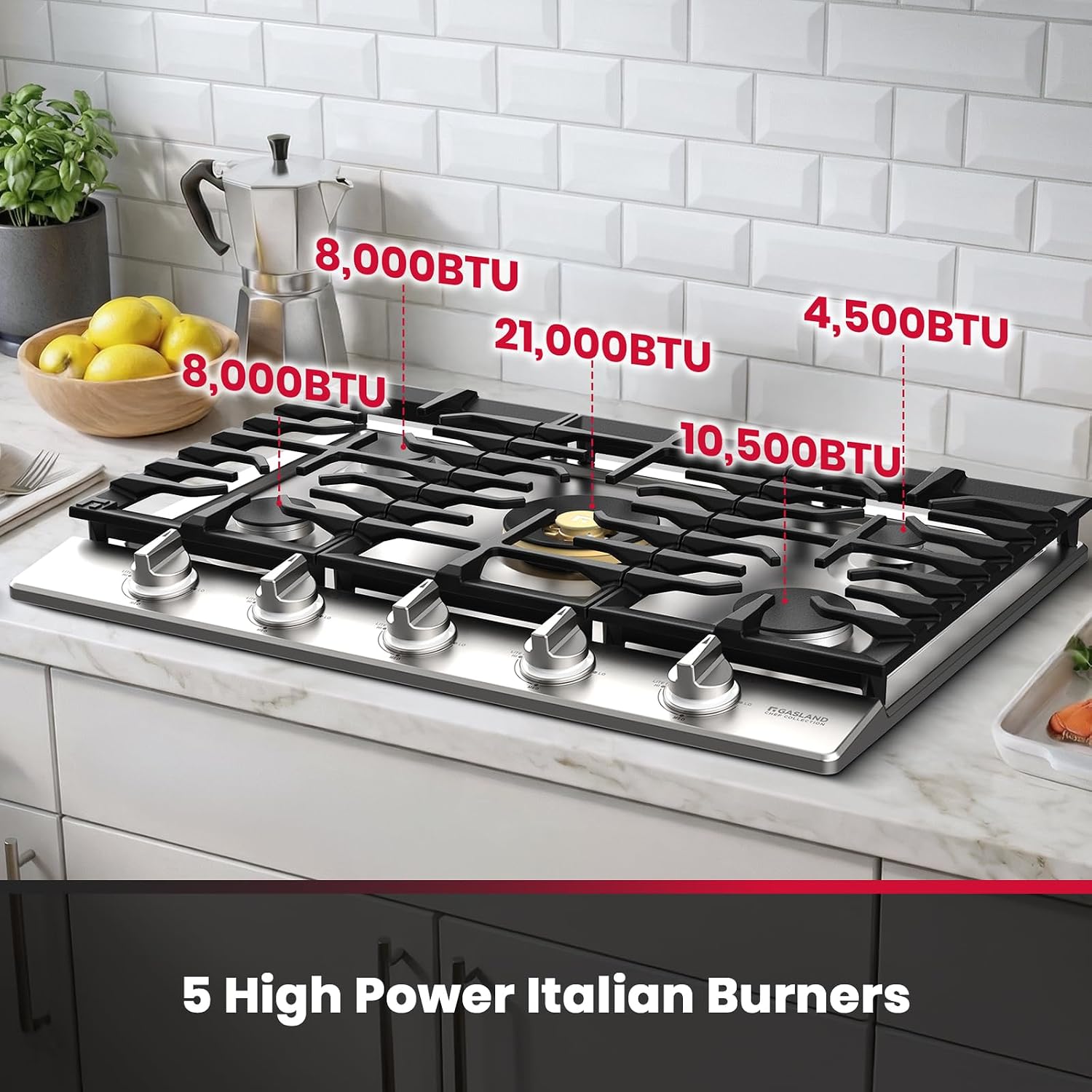 GASLAND Chef Collection Heavy Duty Gas Cooktop 30 Inch, 5 Burner NG/LPG Stovetop with Reversible Cast Iron Grill/Griddle, Gas Countertop Plug-in, NG/LPG Convertible, Stainless Steel