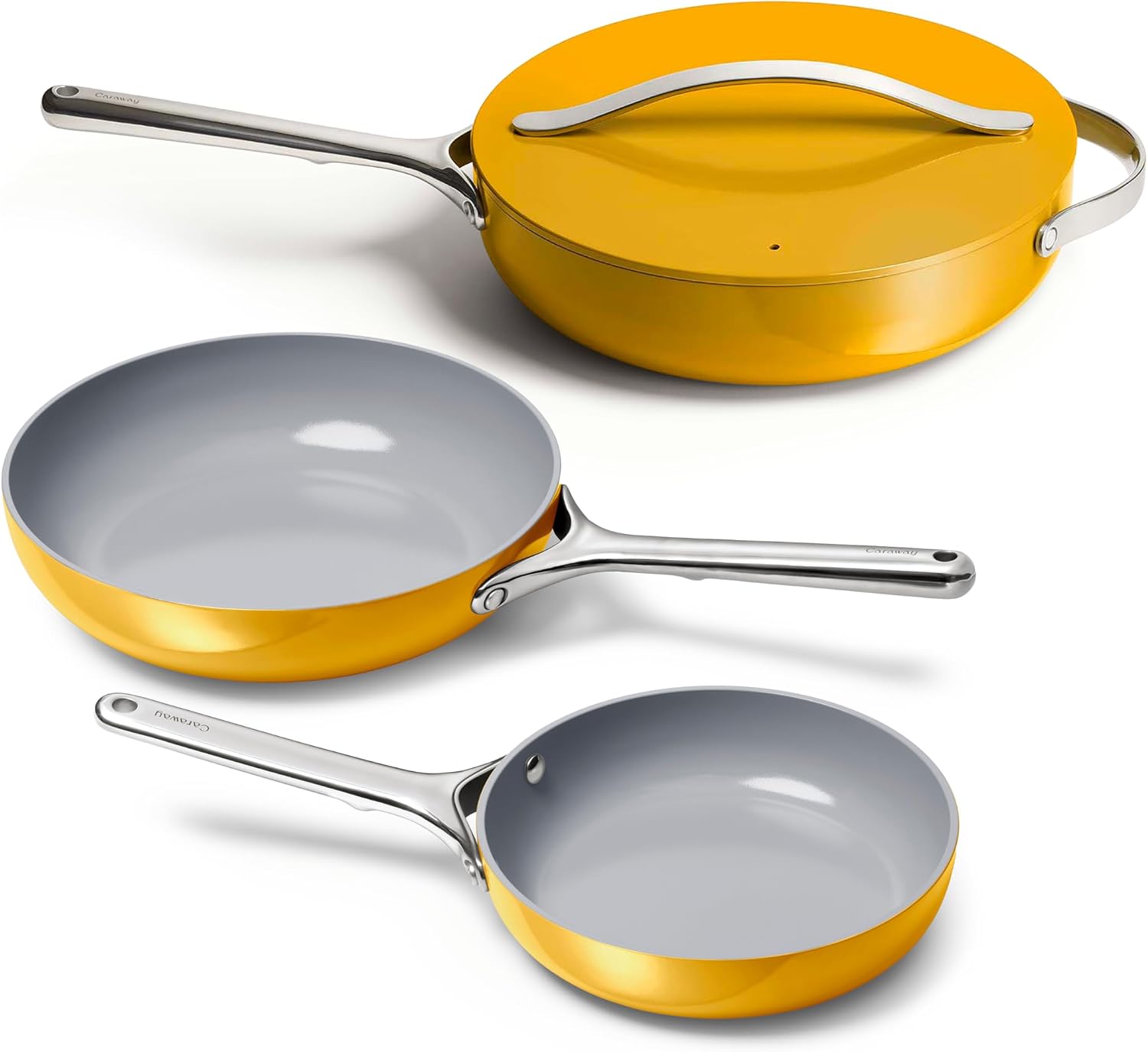 Caraway 4-Piece Fry Pan Set - Non-Stick Frying Pans (10.5' & 8') & Non-Stick Sauté Pan - Non Toxic, PTFE & PFOA Free - Oven Safe & Compatible with All Stovetops (Gas, Electric & Induction) - Marigold