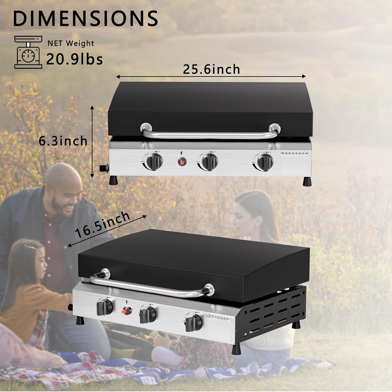 SKOK 3 Burner Gas Griddle with Lid- 25.6 Inch Outdoor Propane Griddle- Portable Flat Top Gas Grill Camping Griddle for Kitchen, Outdoor BBQ, Camping Tailgating or Picnicking