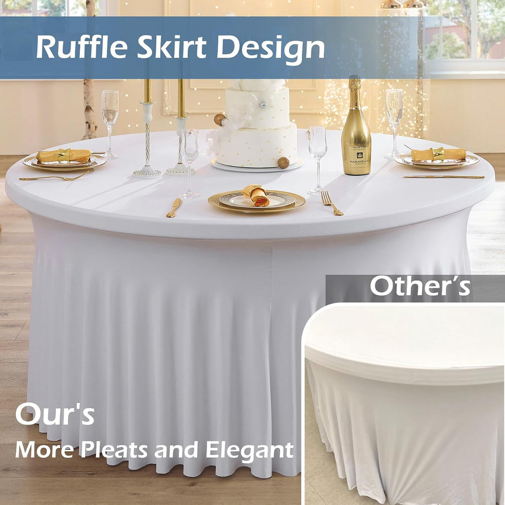 6 pk White Spandex Round Tablecloth 72 in with Ruffled Skirt,Wrinkle Free High-Stretch 132 inch Fitted 6ft Table Cloths Round Elastic Spandex Table Covers 6ft for Party Wedding Banquet Dinning