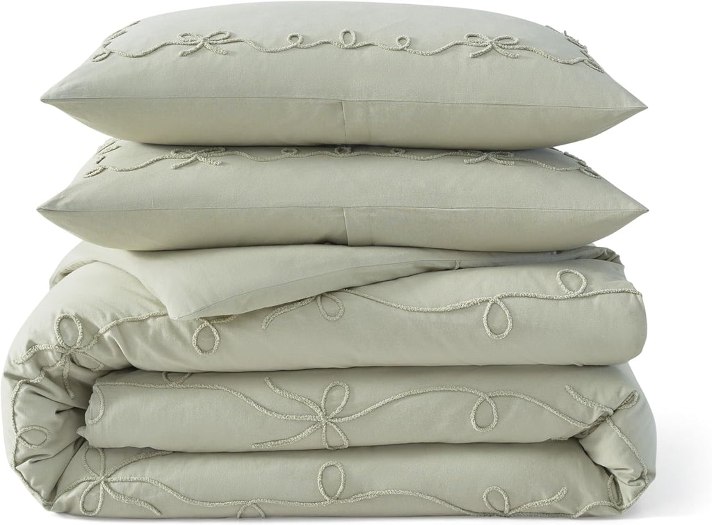 Peri Home Bows Bedding Cottage Core 100% Cotton 3-Piece Comforter and Sham Set, King, Green Sasha Bows