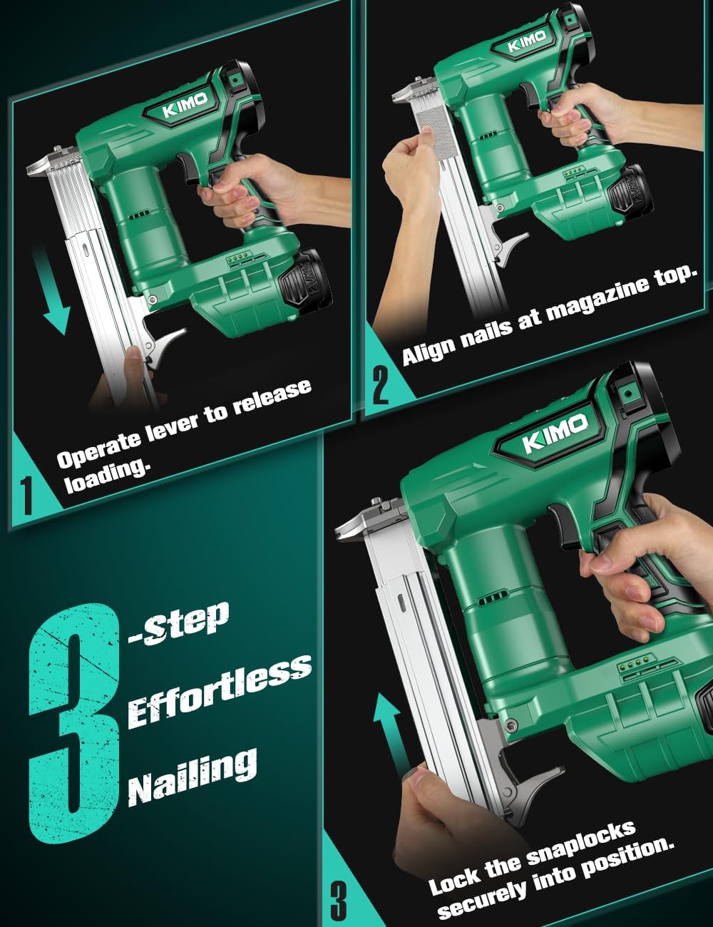 KIMO Brad Nailer Cordless w/ 5000pcs Nails, 2.0Ah Battery X2, 180 Nails/min, Single & Contact Firing, Fast Charger, LED Light, Adjustable Depth 18 GA Cordless Nail Gun for DIY Woodworking Framing