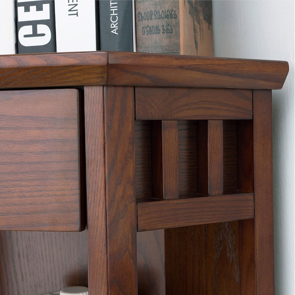 Leick Home 82263 Mission Mantel Height Corner Bookcase with Drawer Storage, Made with Solid Wood, for Entryway, Living Rooms, Home Office, Mission Oak Finish
