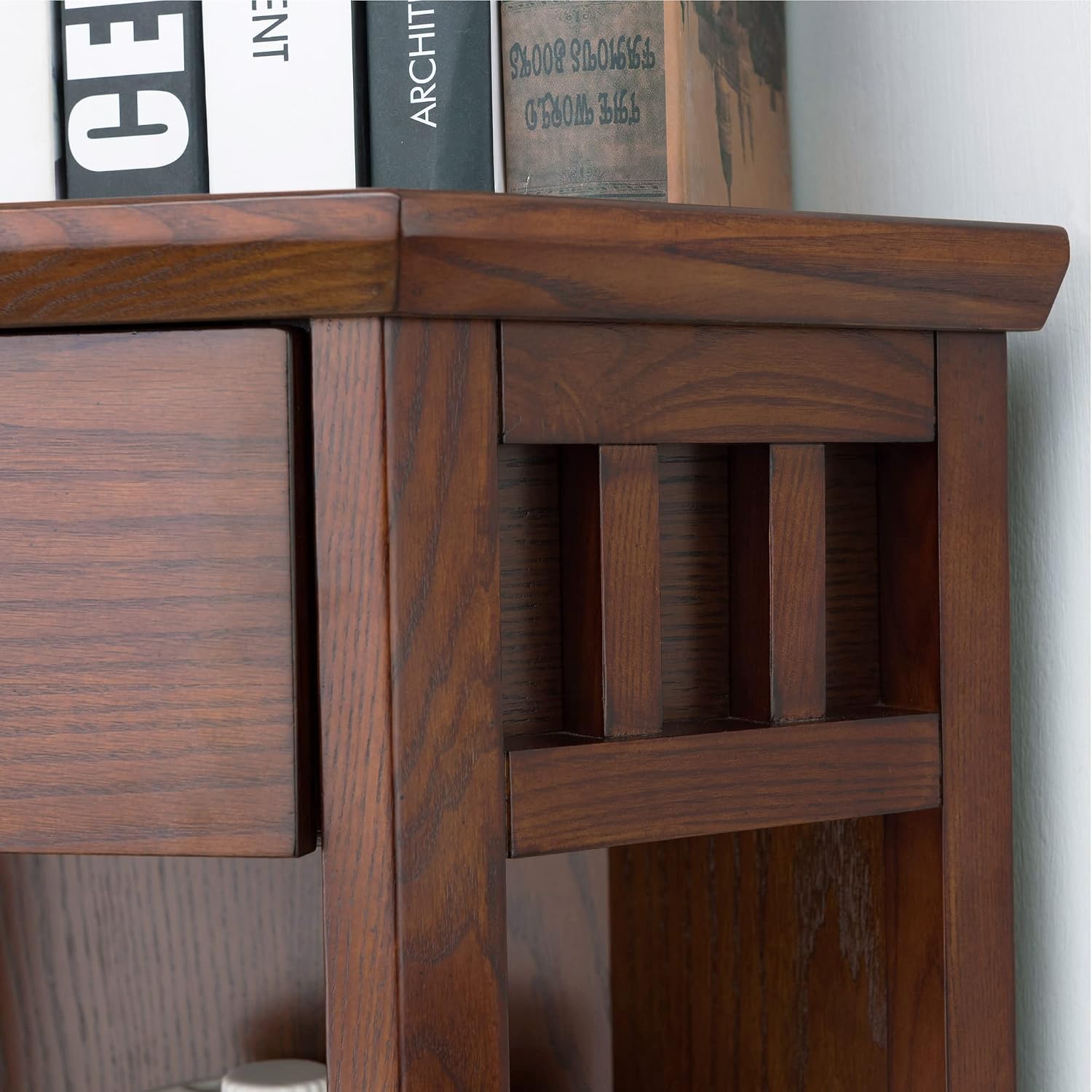 Leick Home 82263 Mission Mantel Height Corner Bookcase with Drawer Storage, Made with Solid Wood, for Entryway, Living Rooms, Home Office, Mission Oak Finish
