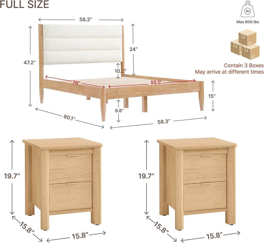 KISLOT 3 Pieces Bedroom Set, Wood Bed Frame with Upholstered Headboard & 2 Nightstands with Storage, Wooden Platform Mattress Foundation Farmhouse Bedroom Furniture Set