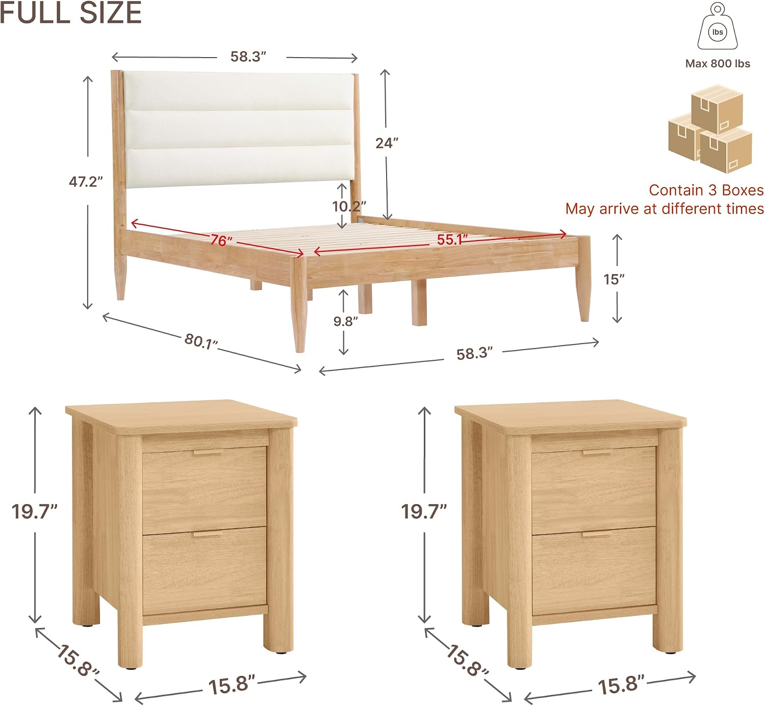 KISLOT 3 Pieces Bedroom Set, Wood Bed Frame with Upholstered Headboard & 2 Nightstands with Storage, Wooden Platform Mattress Foundation Farmhouse Bedroom Furniture Set
