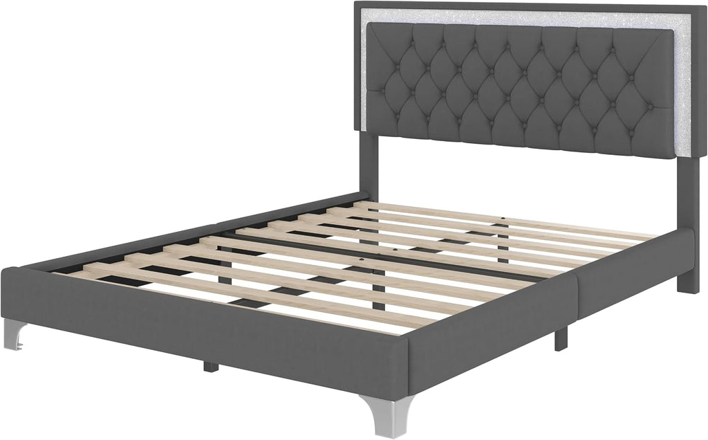 Merax 3 Pieces Bedroom Set, Queen Size Upholstered Platform Bed Frame with LED Lights and 2 Nightstands,Farmhouse Bedroom Furniture Set,Gray