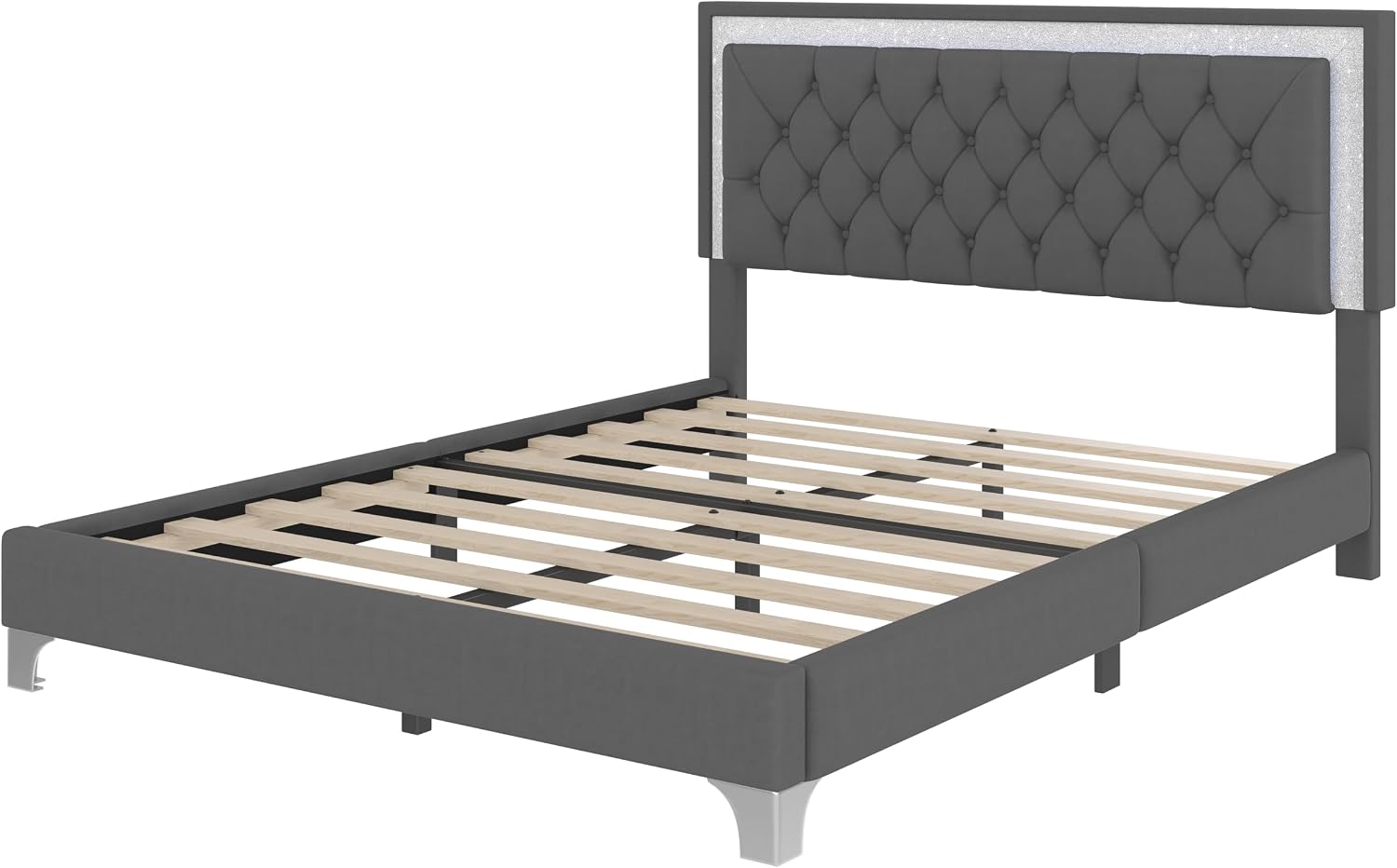 Merax 3 Pieces Bedroom Set, Queen Size Upholstered Platform Bed Frame with LED Lights and 2 Nightstands,Farmhouse Bedroom Furniture Set,Gray