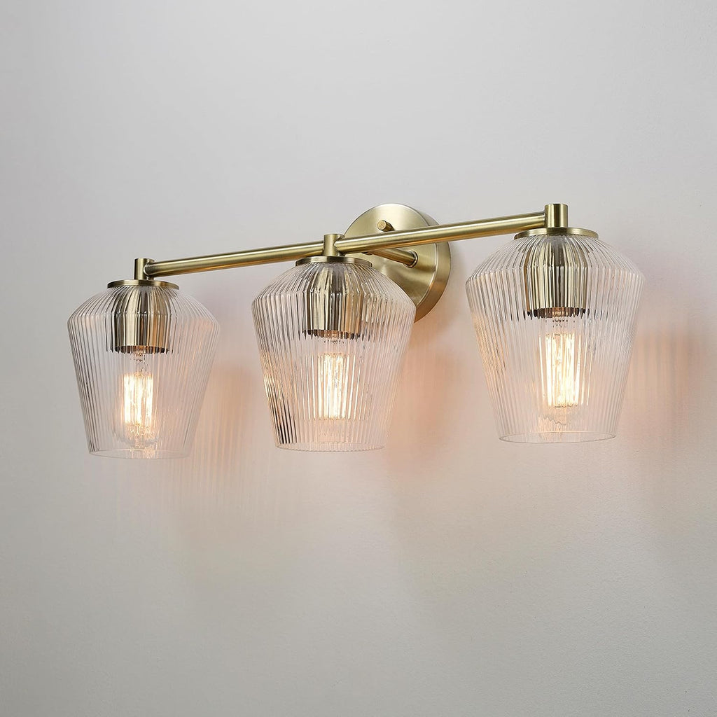 GLOBE Electric 63000063 5-Piece All-in-One Bathroom Set, Matte Brass Finish, 3-Light Vanity Light, Glass Shades, Towel Bar, Toilet Paper Holder, Towel Ring, Robe Hook, Bathroom Lights Over Mirror