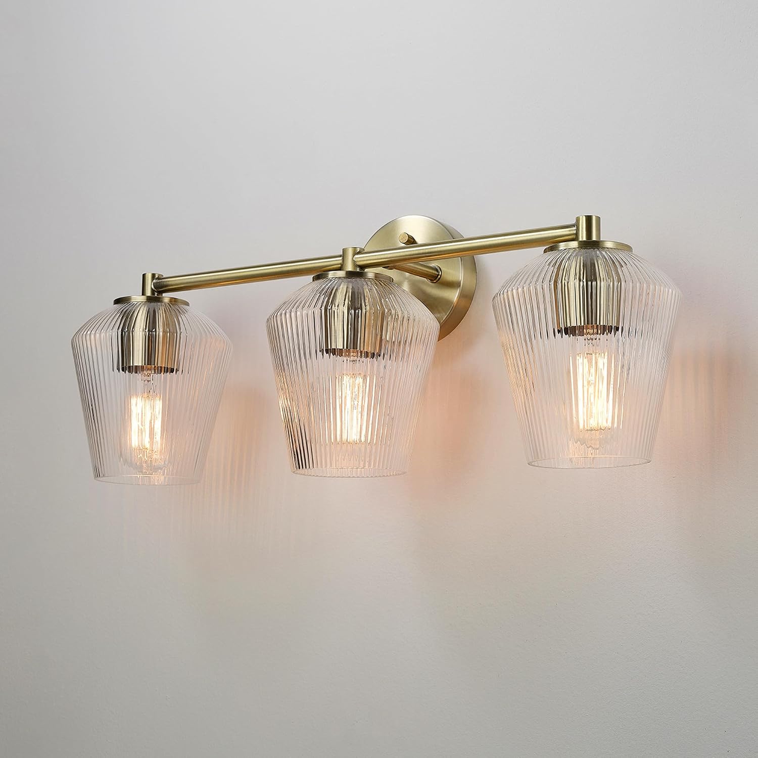 GLOBE Electric 63000063 5-Piece All-in-One Bathroom Set, Matte Brass Finish, 3-Light Vanity Light, Glass Shades, Towel Bar, Toilet Paper Holder, Towel Ring, Robe Hook, Bathroom Lights Over Mirror