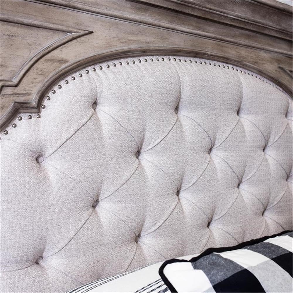 Steve Silver Company Highland Park 83.5' x 90' Farmhouse Wood & Fabric Upholstered Panel King Bed with Button Tufted Headboard, Low Vertical Planked Inset Footboard, in Driftwood Gray Finish