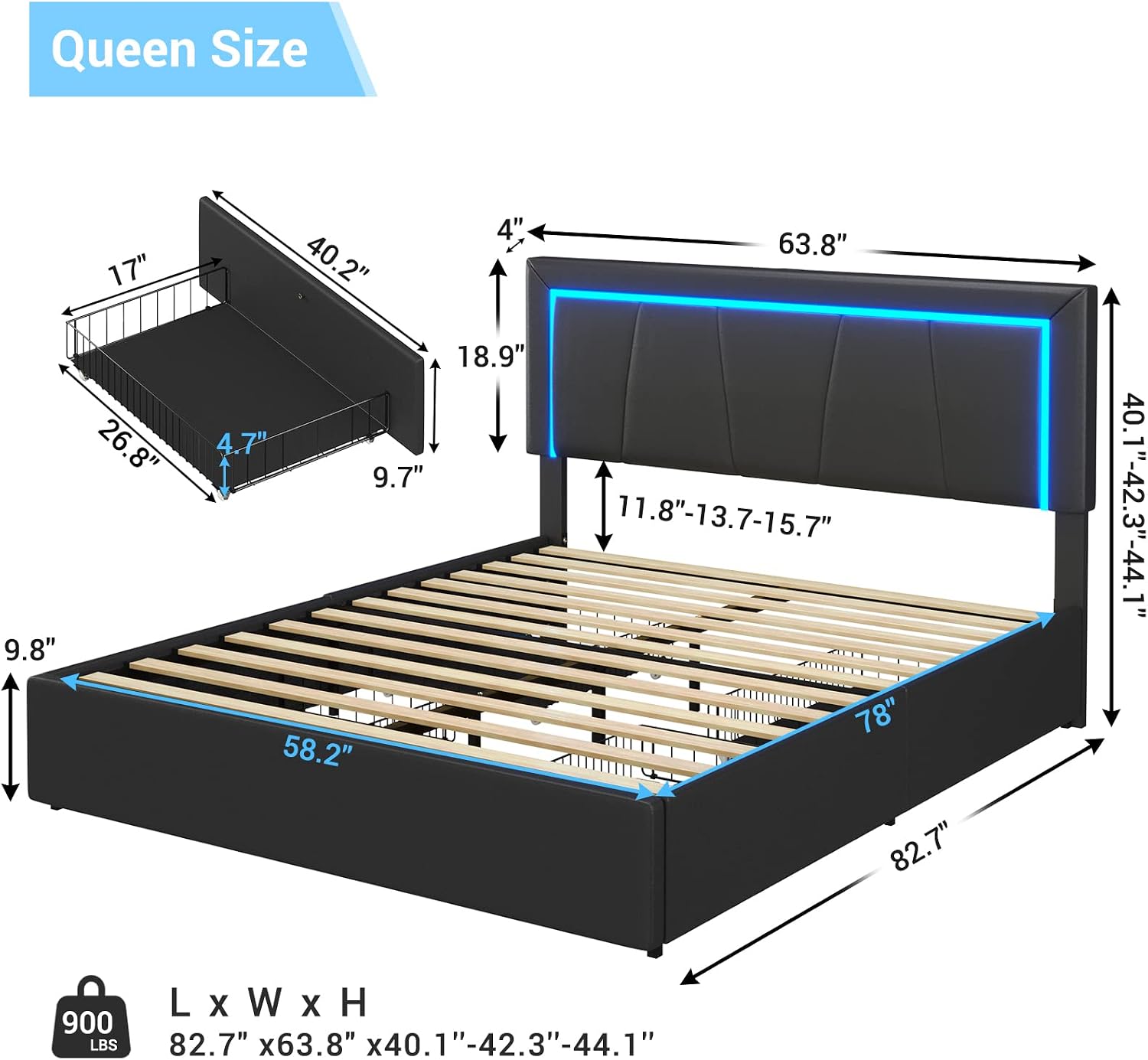 DICTAC Queen Bed Frame with Headboard and 4 Storage Drawers, Modern Faux Leather Upholstered Platform Bed Frame Queen Size with LED Lights and USB Ports, No Box Spring Needed, Black