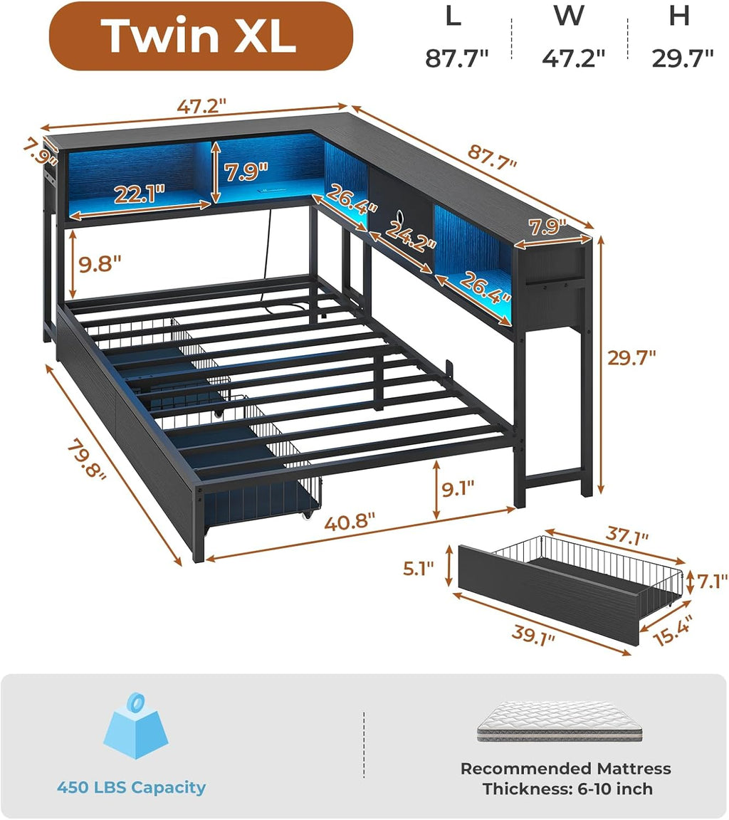 DICTAC Corner Bed Frame with 2 Storage Drawers and Bookcase Headboard Twin XL Metal Platform Bed Frame with Led Lights and Charging Station Twin XL Daybed for Teen and Adult,Kids Bed Frame,Black