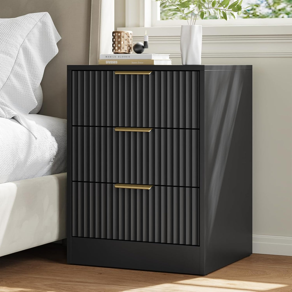 Black Fluted Dresser & Nightstand Set 3-Piece, Long 6 Drawer Dresser and Night Stand Set of 2 with Metal Handle, Fluted Modern Wood Chest of Drawers Storage Dressers Set for Bedroom, Black