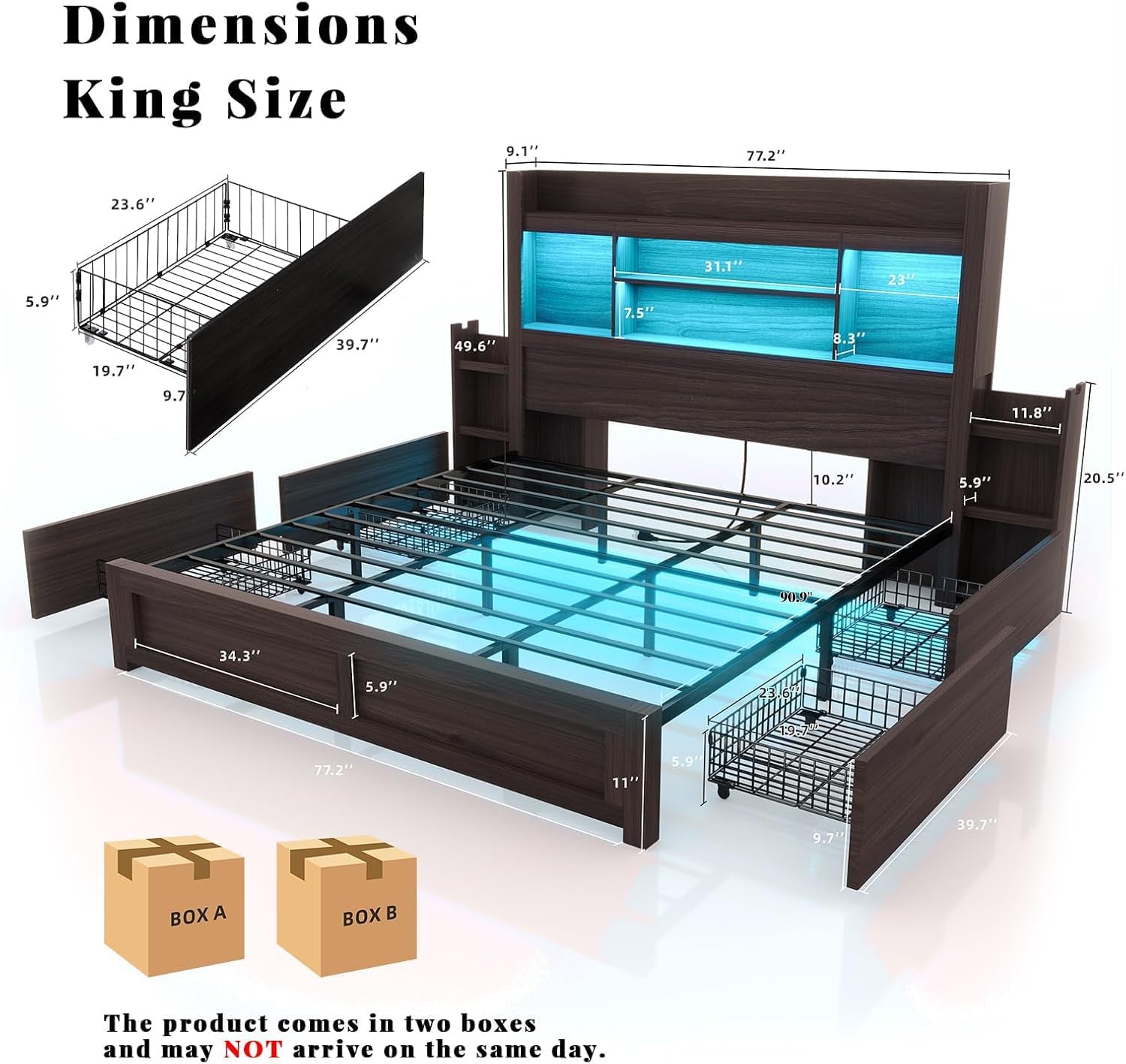 LUXOAK King Bed Frame with 49.6' Bookcase Headboard & 2 Bedside Stoage Racks & 4 Drawers, Farmhouse Wood Bed Frame with RGB LED & Charging Station, No Box Spring Needed, Black