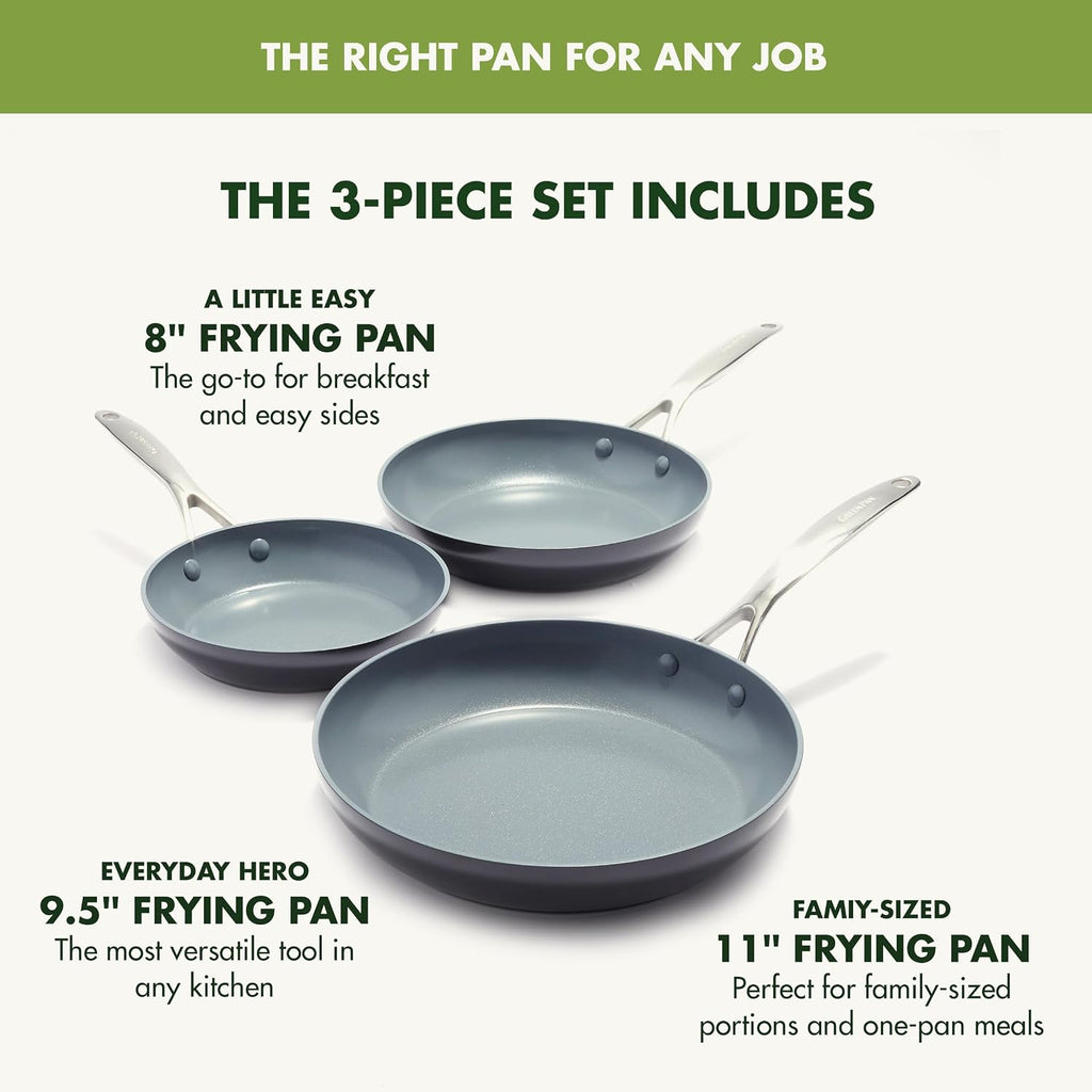 GreenPan Valencia Pro Ceramic Nonstick 8' 9.5' & 11' Fry Pan Skillet Set, Hard Anodized PFAS-Free, Induction Ready, Compatible on All Cooktops, Dishwasher Safe, Oven Safe to 600F, Gray