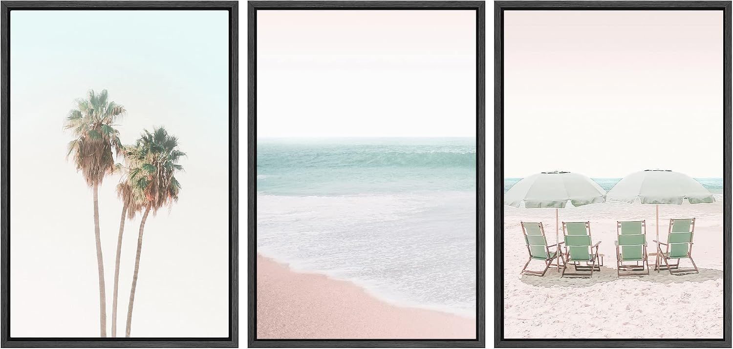 SIGNWIN Framed Canvas Print Wall Art Set Retro Vintage Pastel Tropical Island Beach Nature Wilderness Photography Modern Art Landscape Relax/Calm for Living Room, Bedroom, Office - 24'x36'x3 Black