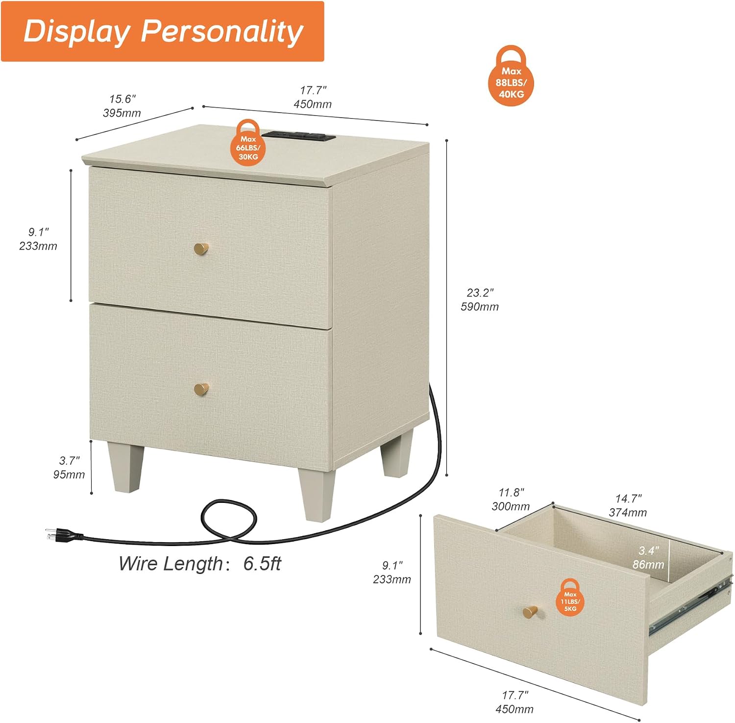WAMPAT Dresser and Nightstands 3 Pieces, Wooden Dresser with 6 Drawers, Set of 2 Night Stands with Charging Stations, Bedroom Chest of Drawers and Wood Bedside Tables Set, Beige Linen Textured