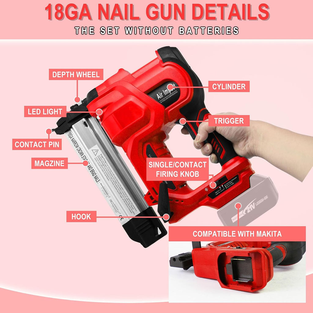 20V 18 Gauge Cordless Nail Gun Safety Pin 2 Inch Power Brad Nailer with 18GA Machine Electric Staple 2 in 1 Gun Nails Kit for Wood Upholstery DIY Framing Home Improvement (No Battery)