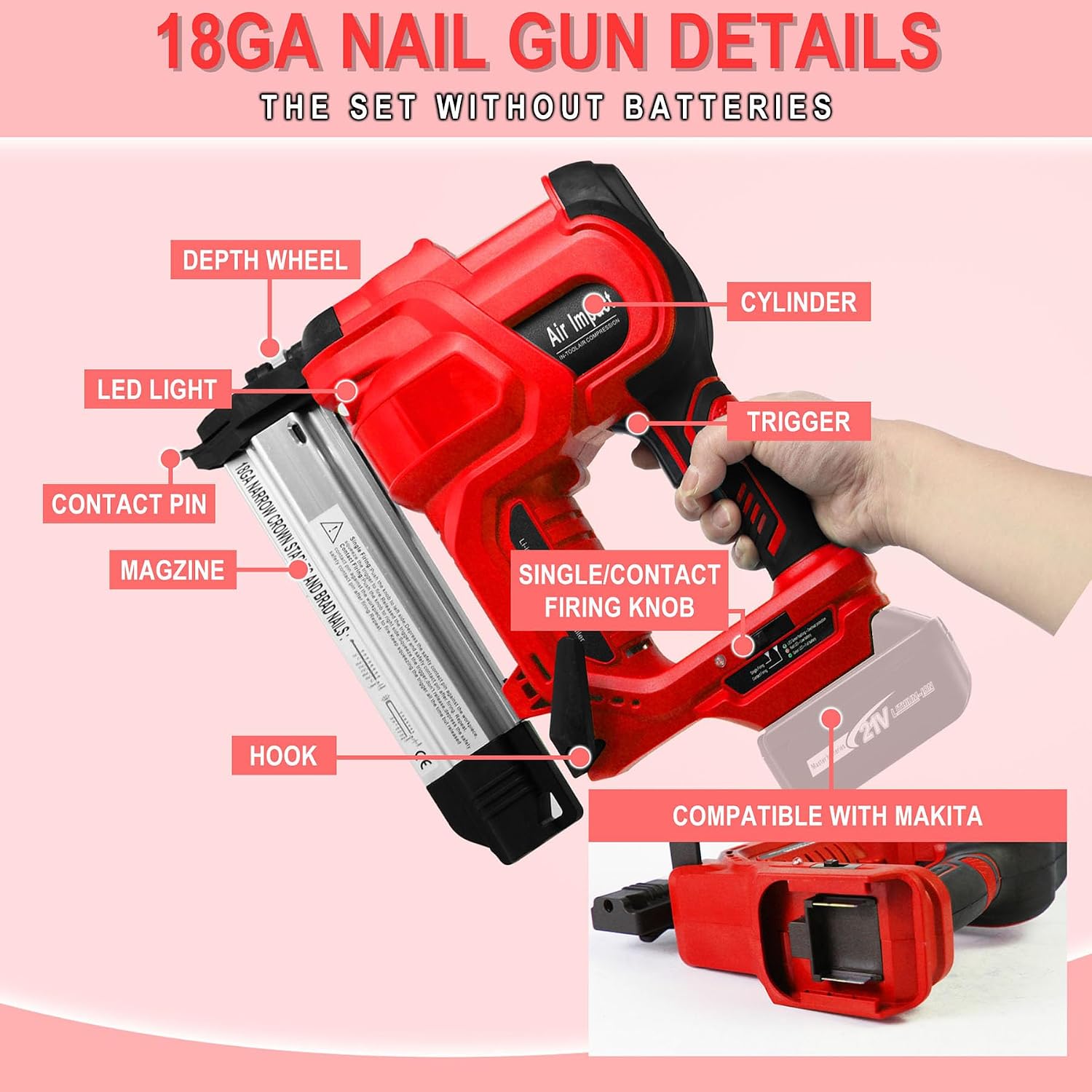 20V 18 Gauge Cordless Nail Gun Safety Pin 2 Inch Power Brad Nailer with 18GA Machine Electric Staple 2 in 1 Gun Nails Kit for Wood Upholstery DIY Framing Home Improvement (No Battery)