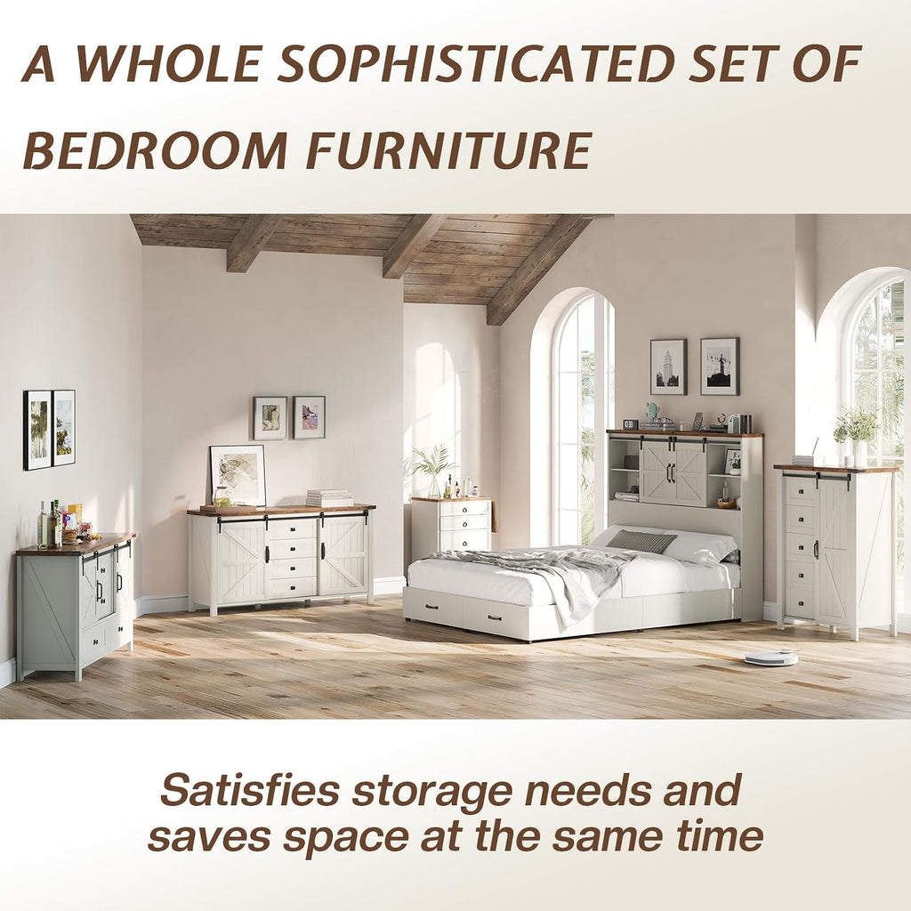 LUXOAK 3 Pieces Bedroom Set - Includes 60' Farmhouse Dresser, 48' Chest of Drawers with Sliding Barn Doors, 48' Tall Storage Cabinet with 5 Drawers, Rustic White