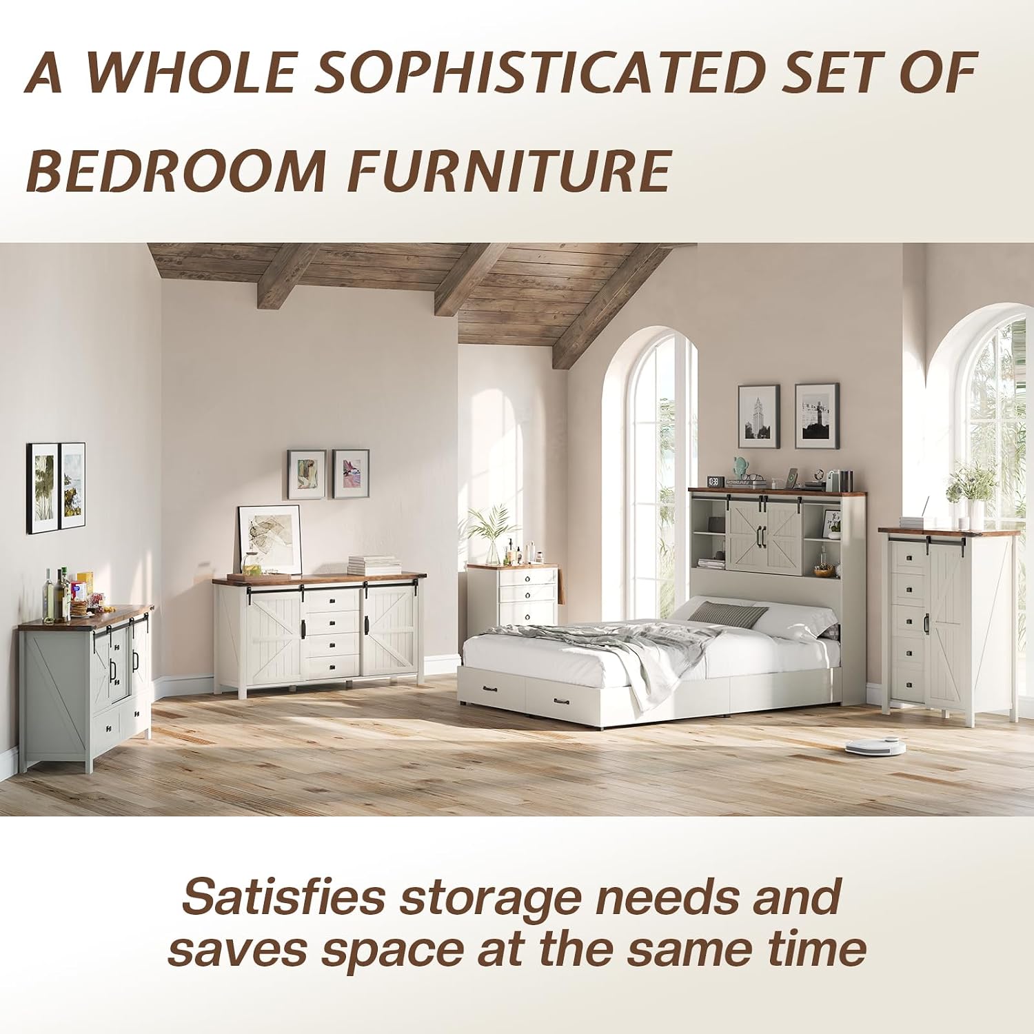 LUXOAK 3 Pieces Bedroom Set - Includes 60' Farmhouse Dresser, 48' Chest of Drawers with Sliding Barn Doors, 48' Tall Storage Cabinet with 5 Drawers, Rustic White