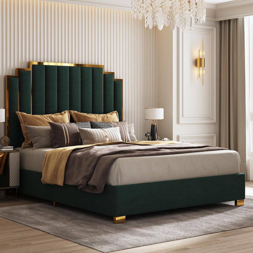 AMERLIFE California King Size Upholstered Bed, Modern Velvet Bed Frame with 65.4' Tall Gold Trim Headboard, No Box Spring Needed, Green