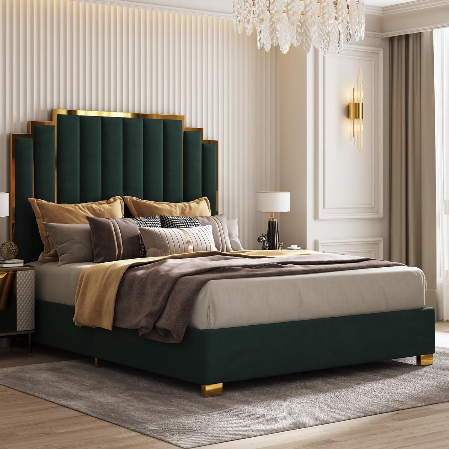AMERLIFE California King Size Upholstered Bed, Modern Velvet Bed Frame with 65.4' Tall Gold Trim Headboard, No Box Spring Needed, Green