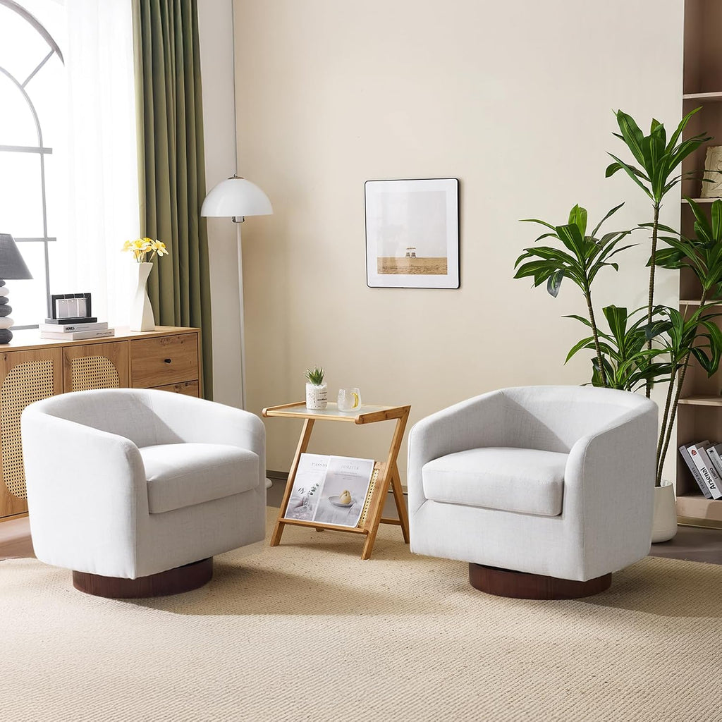 VINGLI 360°Swivel Accent Chairs Set of 2 with Engineered Wood Base and Removable Cushion for Living Room, Bedroom, Curved Back Barrel Chairs for Small Space, Upholstered Bucket Armchairs, Linen Beige