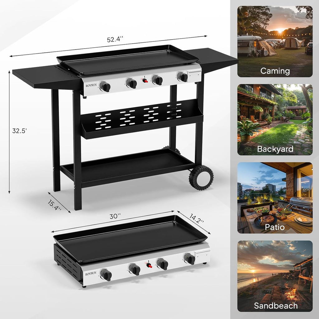 Bonnlo 4 Burner Portable Propane Griddle, 40,000BTU Gas Grill with Enameled Tray, Rolling Flat Top Grill with Electronic Ignition, Side Shelve & Regulator, Ideal for Outdoor Patio Cooking BBQ