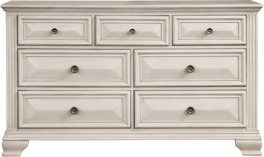 Roundhill Furniture Renova Distressed Parchment Wood Bedroom Set, Panel Bed, Dresser, Mirror, Nightstand, King