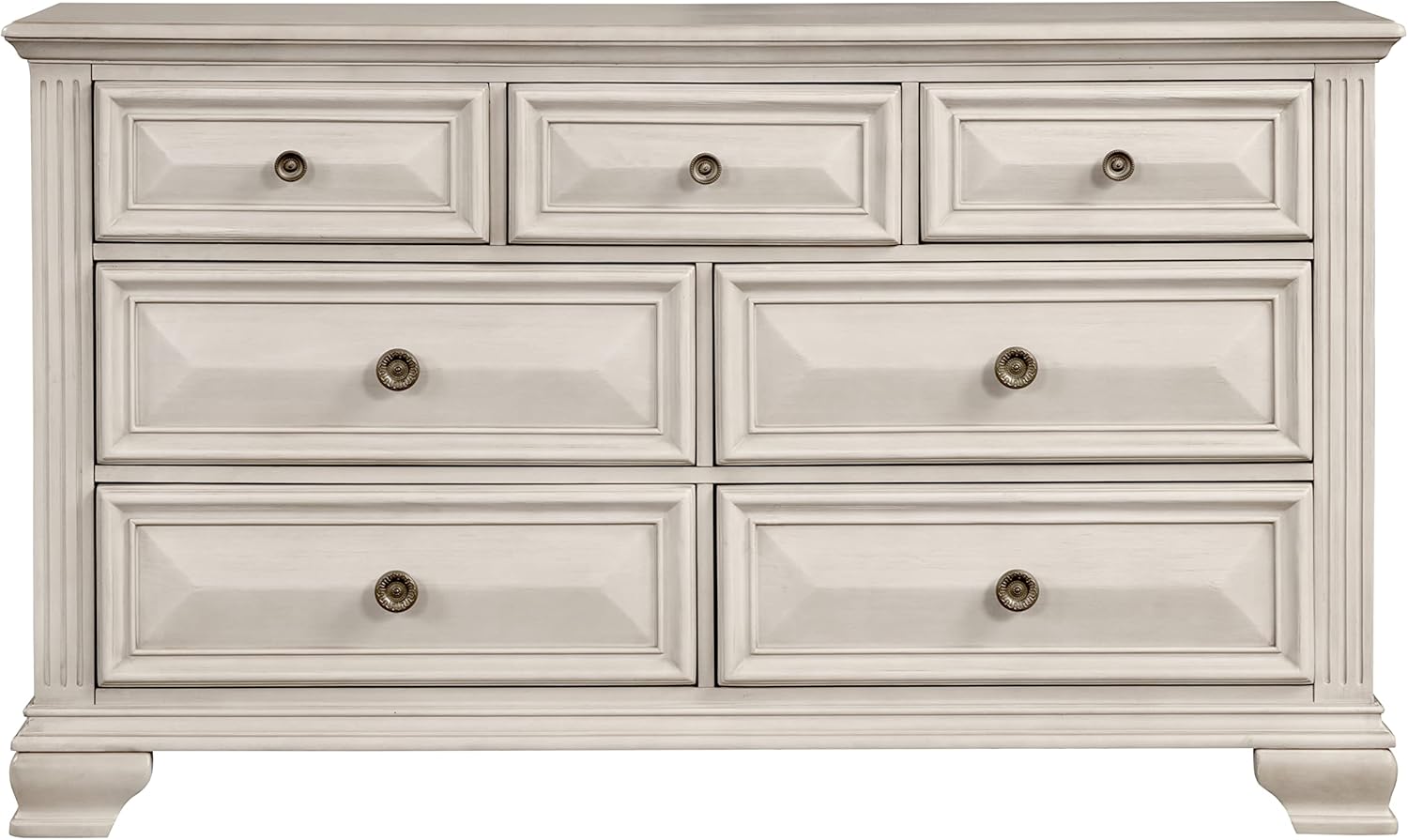 Roundhill Furniture Renova Distressed Parchment Wood Bedroom Set, Panel Bed, Dresser, Mirror, Nightstand, King
