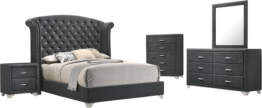 Coaster Home Furnishings Melody Modern Classic 5-Piece Bedroom Set Velvet Upholstered Queen Size Wingback Bed Frame 66-inch Headboard Grey 223381Q-S5