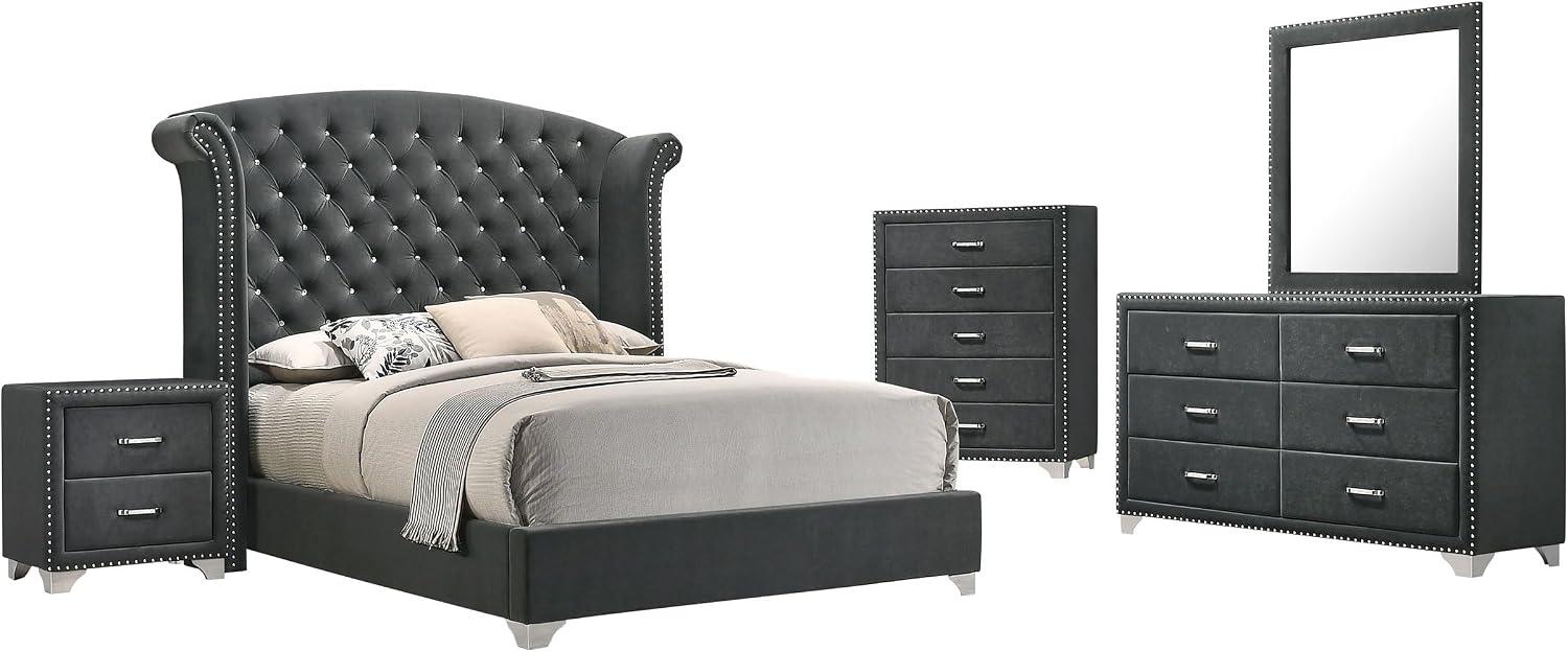 Coaster Home Furnishings Melody Modern Classic 5-Piece Bedroom Set Velvet Upholstered Queen Size Wingback Bed Frame 66-inch Headboard Grey 223381Q-S5