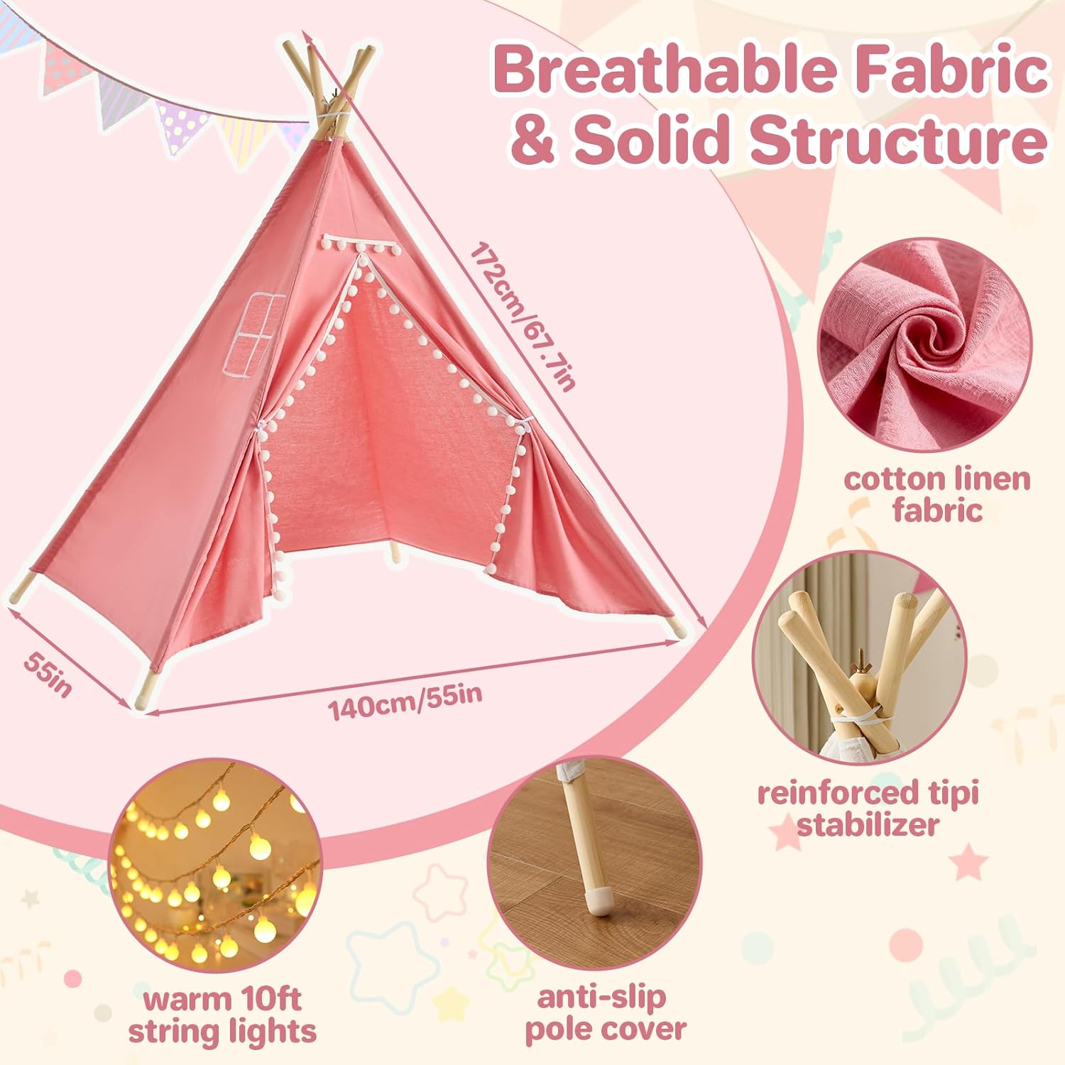 8 Pack Teepee Tent for Kids with Lights, Cotton Indoor Play Teepee with Pompom for Girls & Boys, Sleepover Tents for Boho Slumber Spa Party