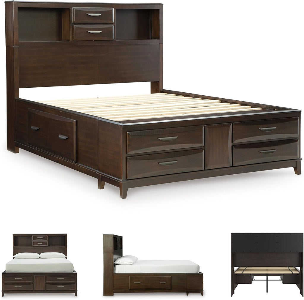 Signature Design by Ashley Vanmore Series Queen Bedframe with Headboard, Storage Drawers and Headboard Cubbies, Casual Contemporary Platform Bed, Dark Brown
