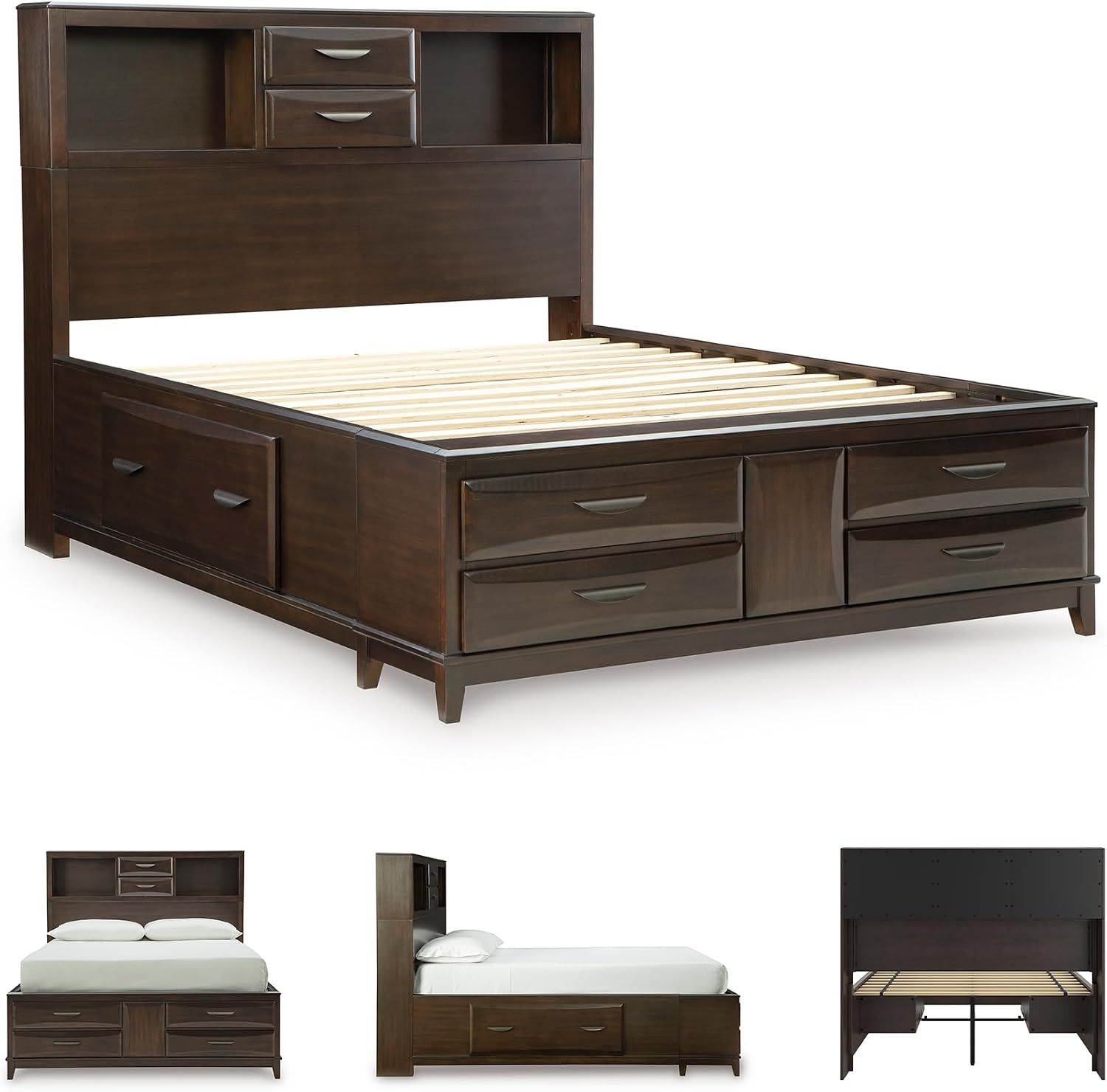 Signature Design by Ashley Vanmore Series Queen Bedframe with Headboard, Storage Drawers and Headboard Cubbies, Casual Contemporary Platform Bed, Dark Brown