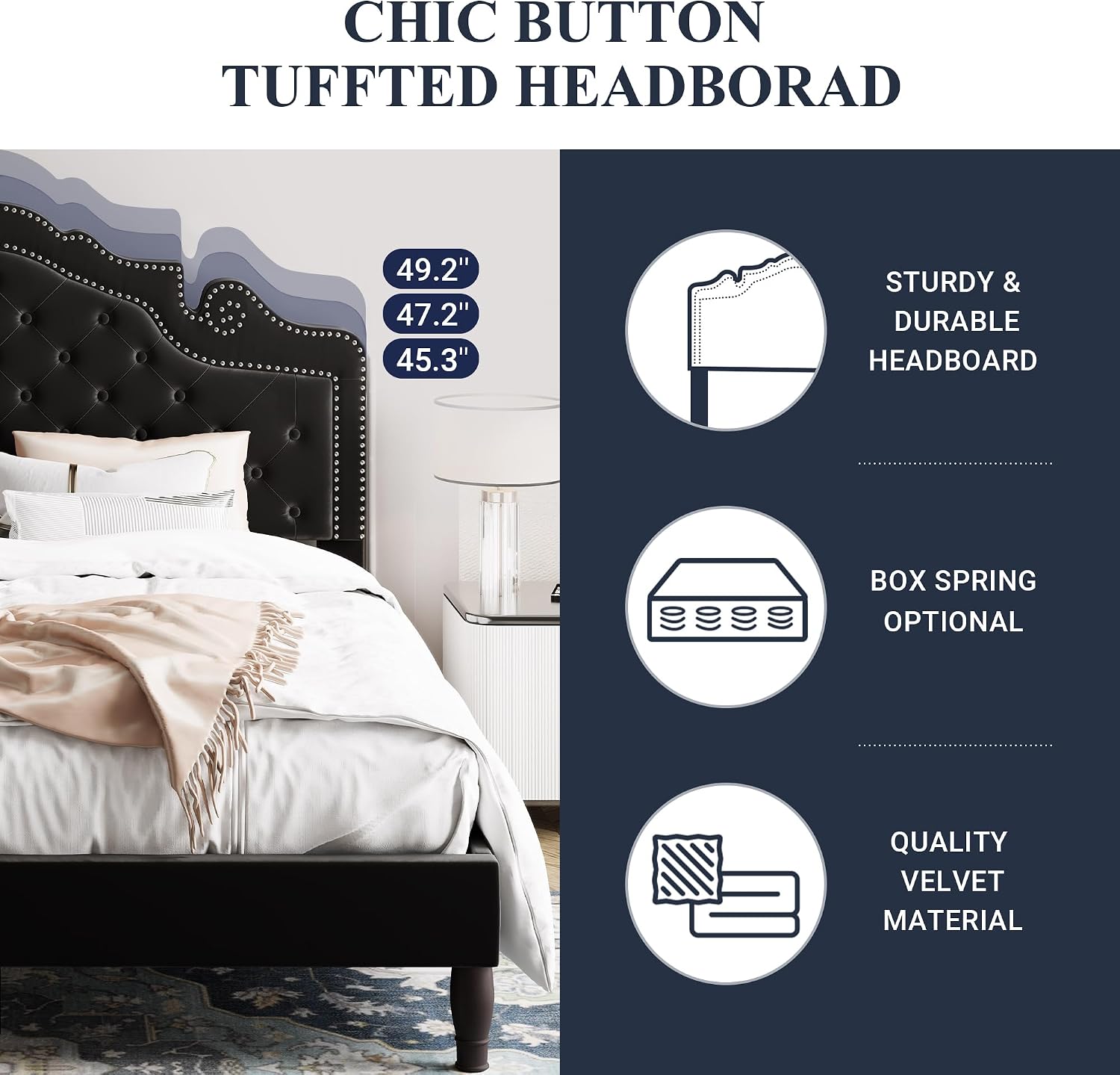 Allewie Full Size Bed Frame with Adjustable Velvet Tiara Headboard, Upholstered Diamond Button Tufted Platform Bed, Wood Slats Support, No Box Spring Needed, Black