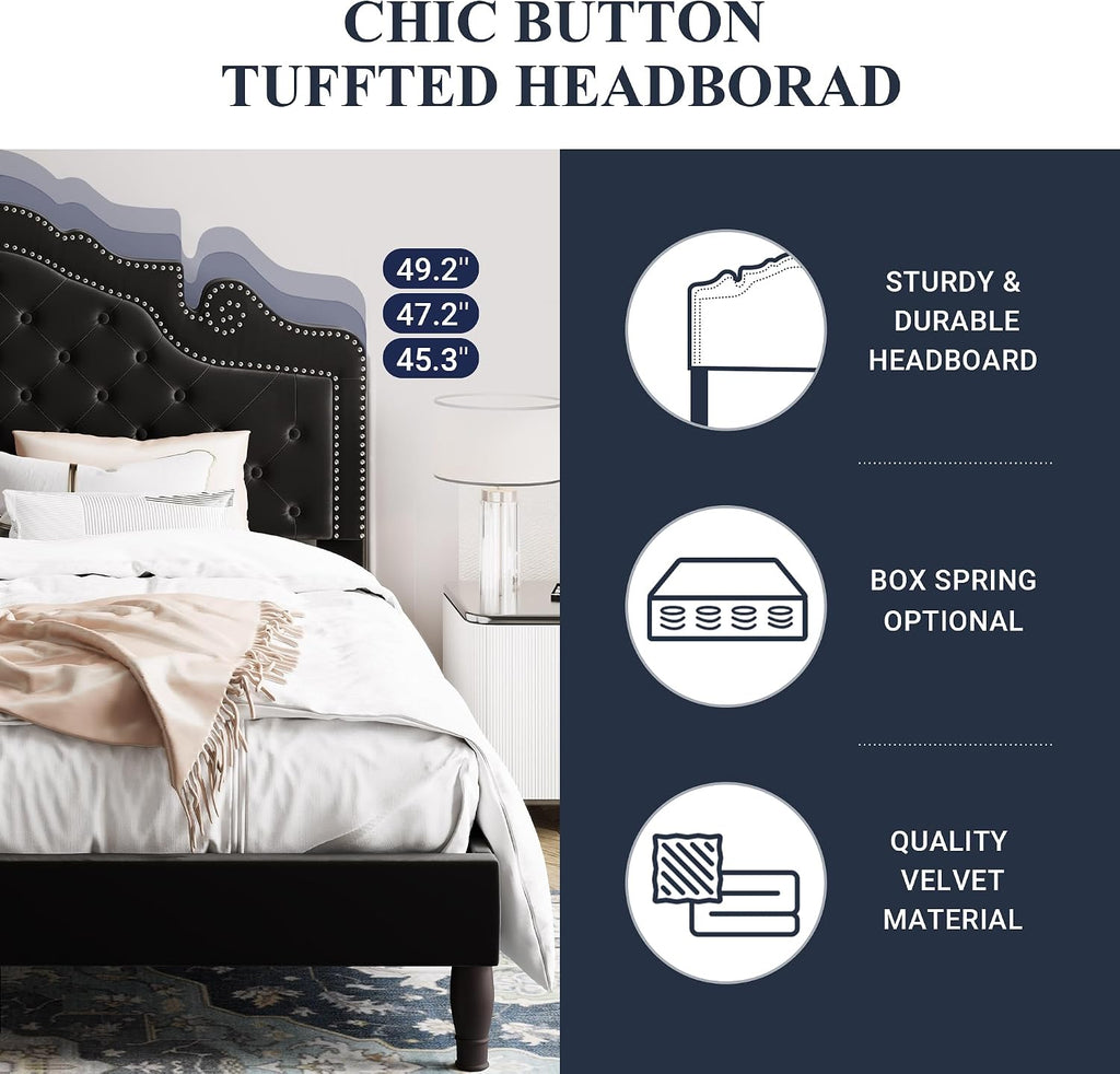 Allewie King Bed Frame with Adjustable Velvet Tiara Headboard, Upholstered Diamond Button Tufted Platform Bed, Wood Slats Support, No Box Spring Needed, Mattress Foundation, Easy Assembly, Black