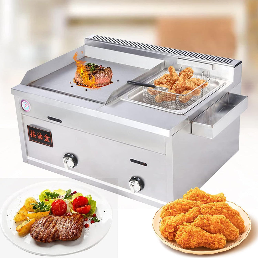 Xuthusman Commercial Stainless Steel Double Burner Gas Propane Tabletop Griddle and Deep Fryer Combo