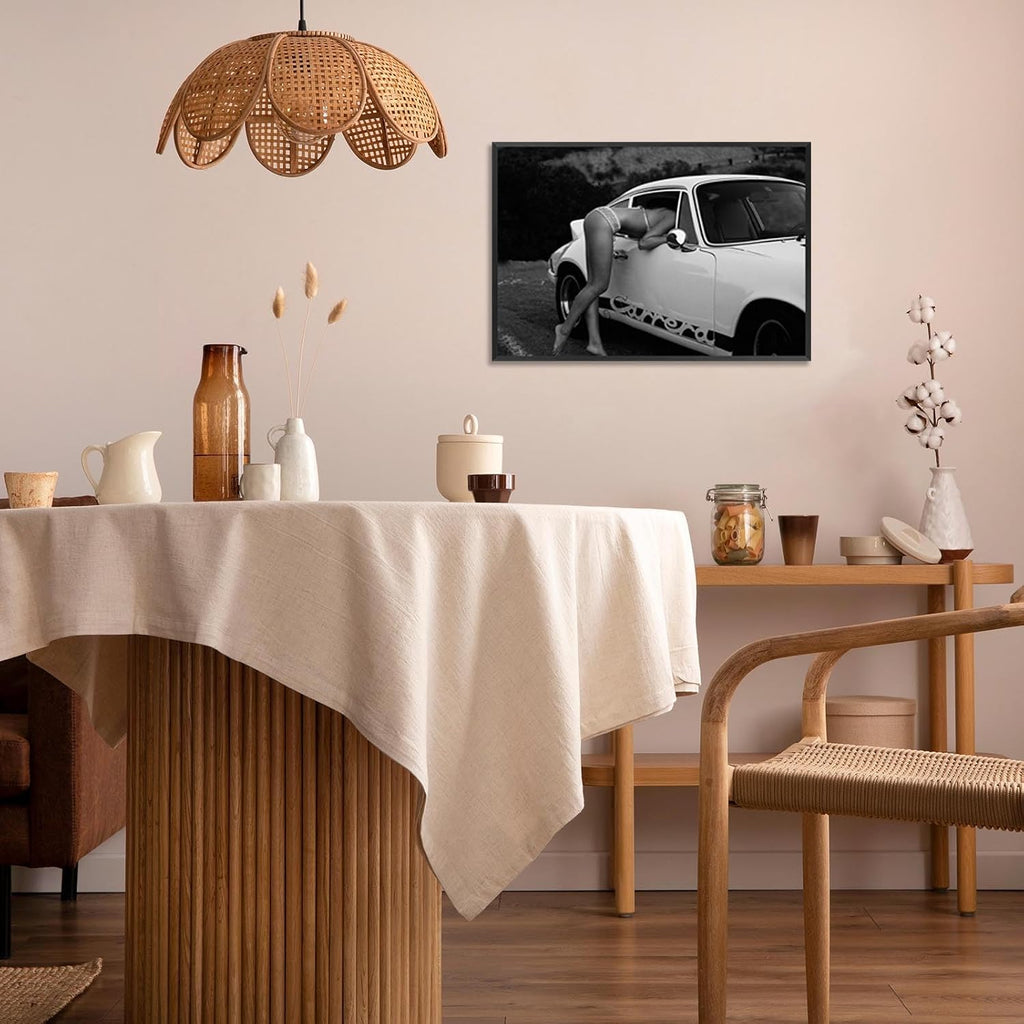 Vintage Supercar 911 Poster Sports Car Lover Canvas Wall Art Black And White Fashion Photography Sexy Women Prints Painting For Living Room Bedroom Apartment Wall Decor 24x36in Framed