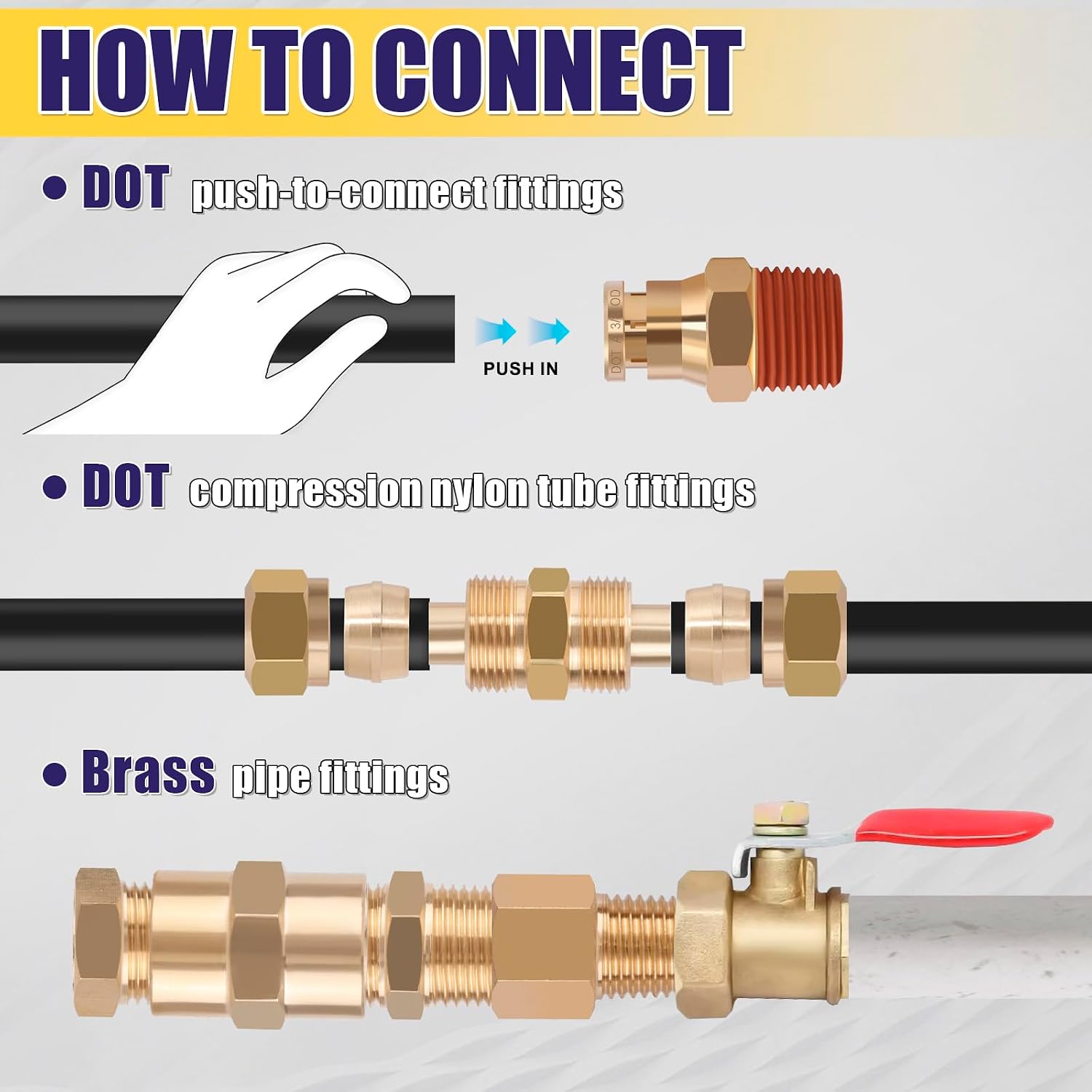 250 Pcs Brass DOT Air Brake Line Fittings & Air Nylon Tube Compression Fittings Assortment Kits,1/4' 1/8' 3/8' 1/2' 5/8' 3/4' NPT Push To Connect Fittings Quick Connect Air Hose Fittings