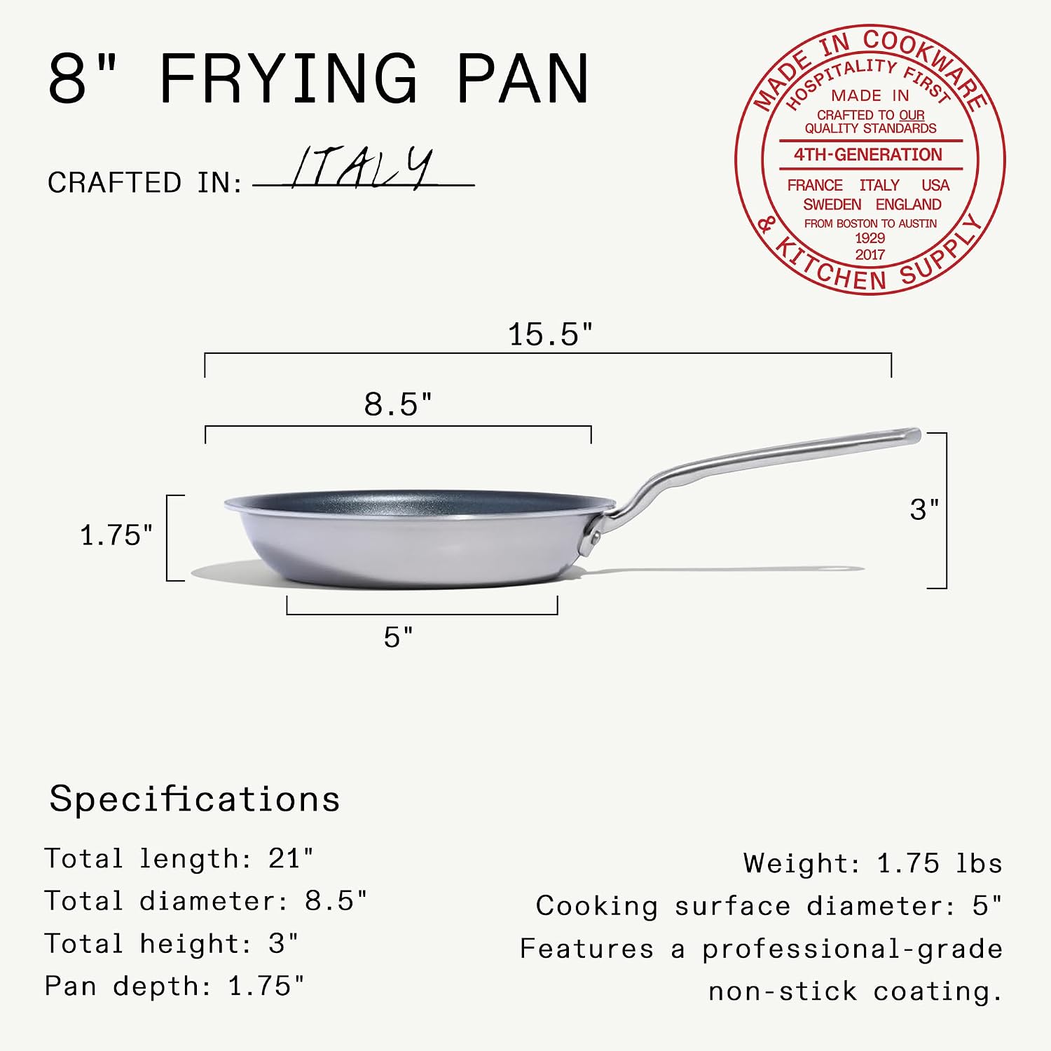 Made In Cookware | ProCoat 8' Non Stick Frying Pan (Graphite) | 5 Ply Stainless Clad Nonstick | Professional Cookware | Crafted in Italy | Induction Compatible