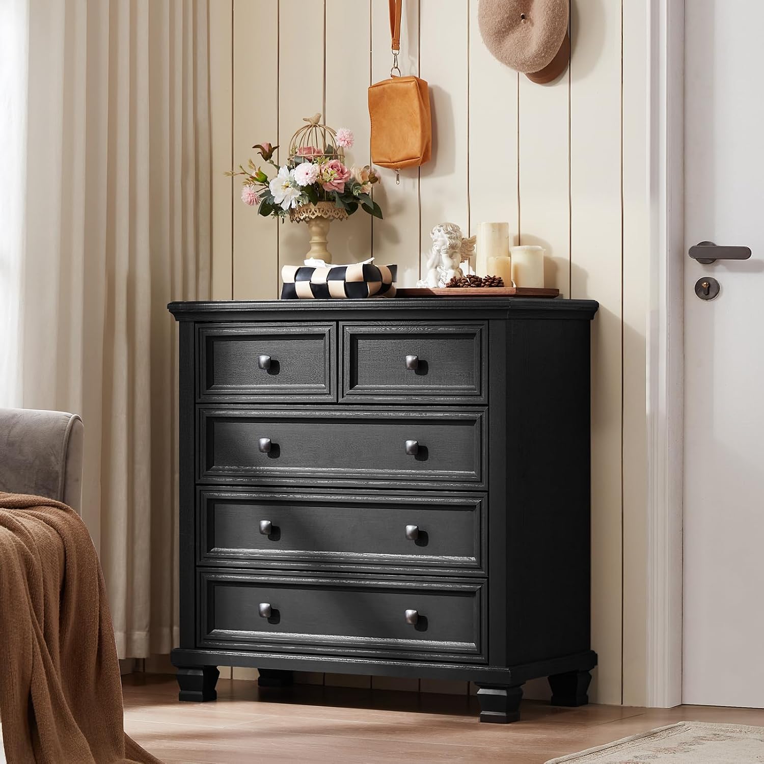SAVOR LIFE Farmhouse Bedroom Dresser and Nightstand Set of 4, 6 Drawer Tall & 5 Drawers Dresser & 3 Drawer Nightstand Set with Wooden Legs, Rustic Wood Furniture for Bedroom, Hallway, Black