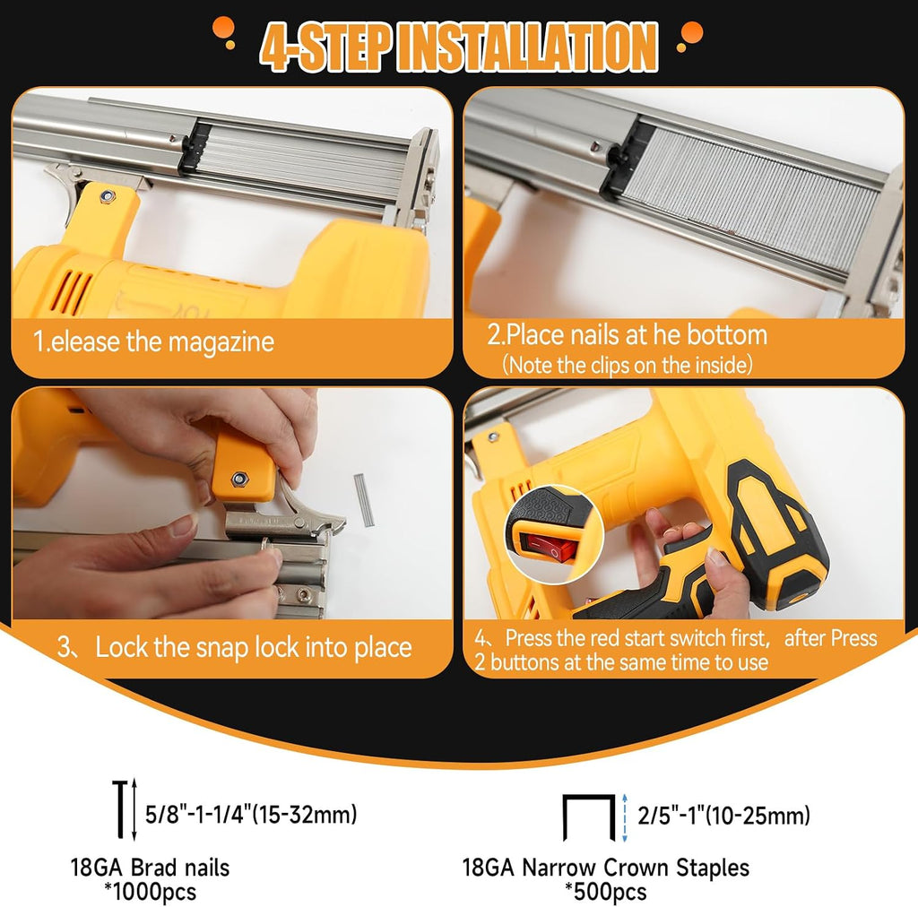 Cordless Brad Nailer Kit for DeWalt Batteries (No Battery), 2-in-1 Electric Brad Nailer/Stapler Gun with Safety Mechanism,Includes 1000 Straight Nails, 500 U Nails,Glasses for Wood Carpentry(Classic)