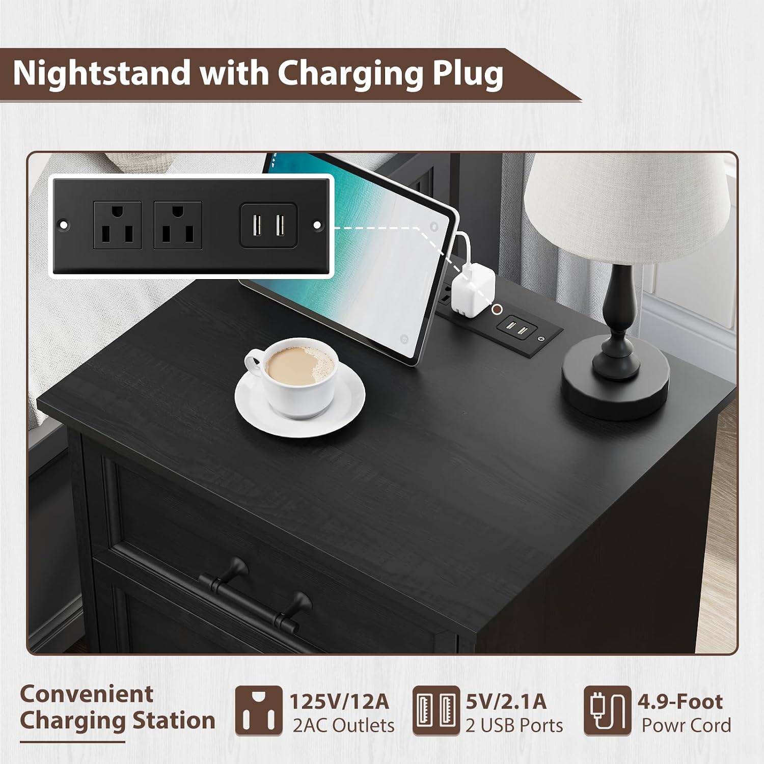 Bedroom Set, 3 Pieces Bedroom Furniture Set, 6 Drawer Dresser and 3 Drawers Nightstand with Charging Station, Farmhouse Storage Organizer Cabinet for Bedroom, Black