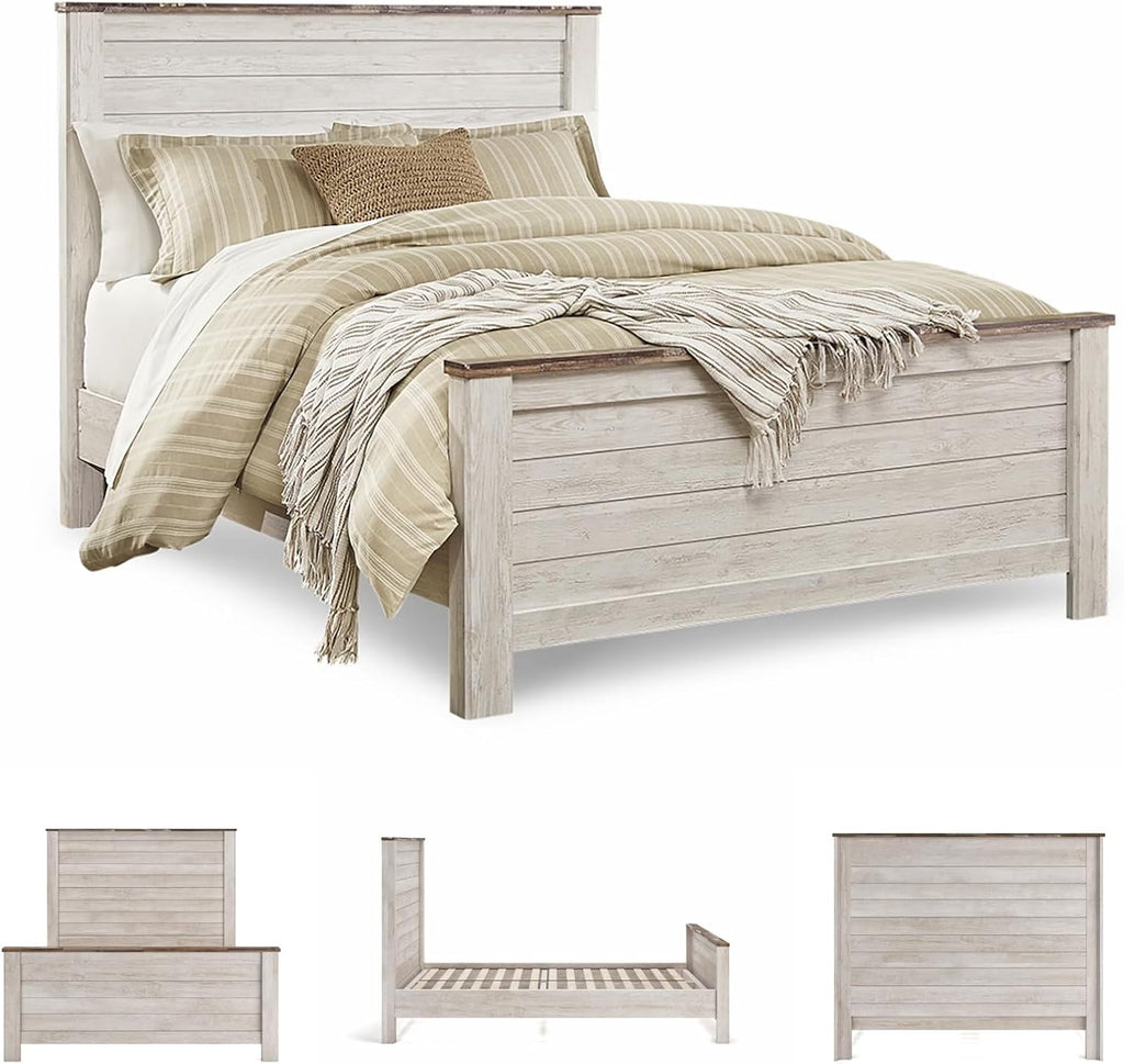 Signature Design by Ashley Willowton Shabby Chic Queen Panel Bed with Metal Slats, Foundation or Box Spring Needed, Whitewash