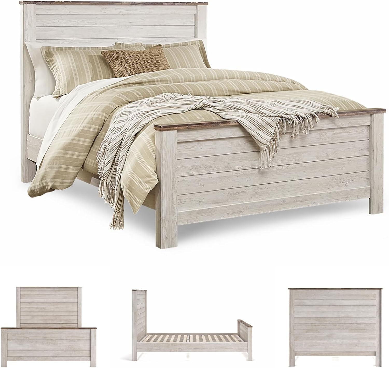 Signature Design by Ashley Willowton Shabby Chic Queen Panel Bed with Metal Slats, Foundation or Box Spring Needed, Whitewash