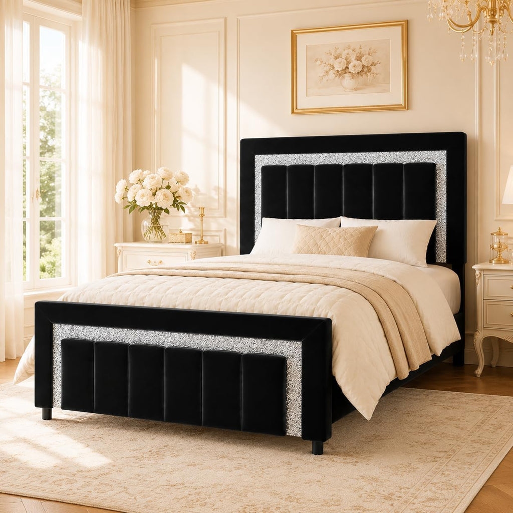 HOMBCK Twin Bed Frames, Twin Size Bed Frame with Diamond Velvet Design Headboard and Footboard, Upholstered Bed Frame with Wooden Slats Support, No Box Spring Needed, Easy Assembly, Black